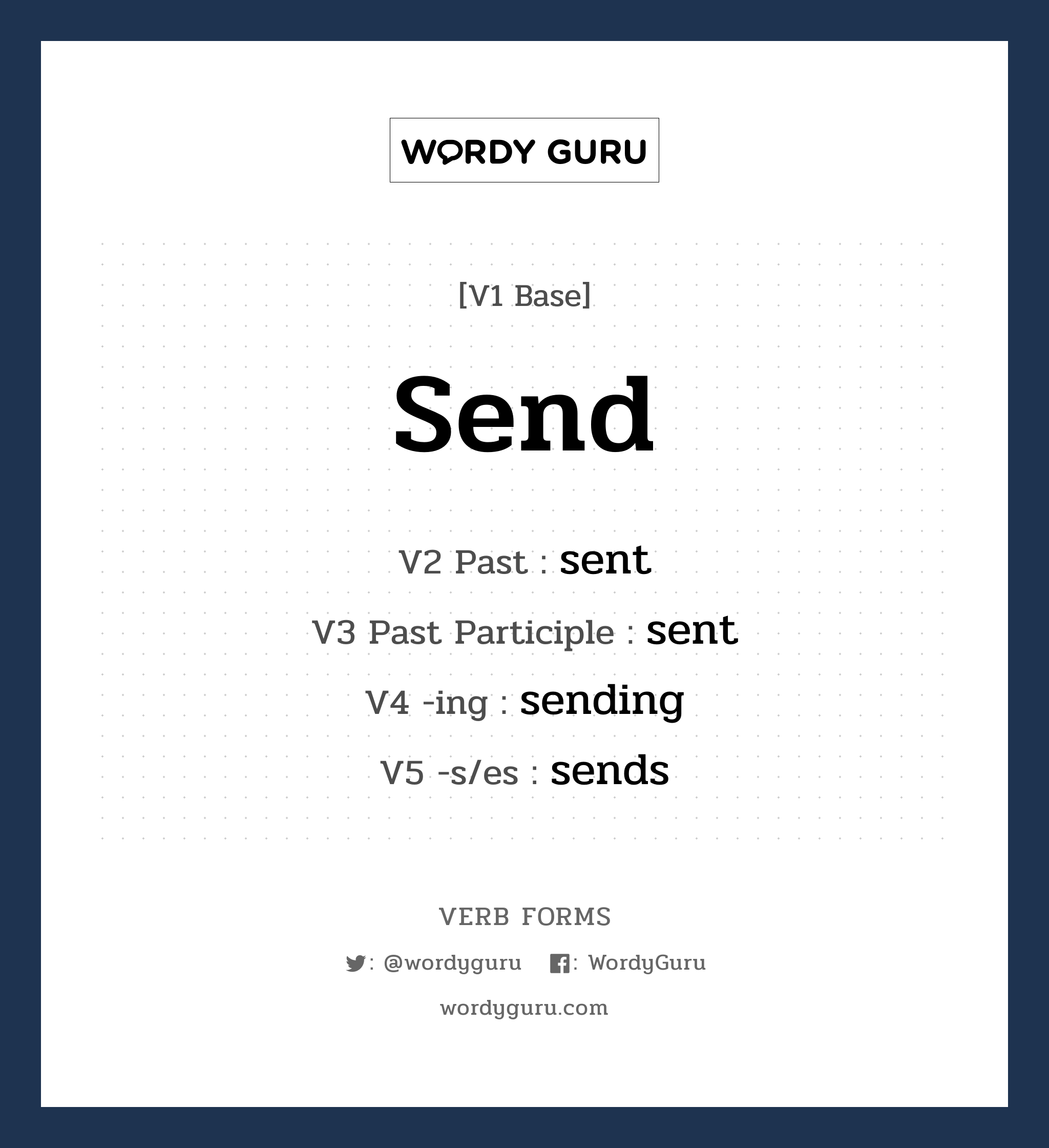 send คำกริยาคืออะไร, V1 Base send V2 Past sent V3 Past Participle sent V4 -ing sending V5 -s/es sends หมวด base-form, irregular