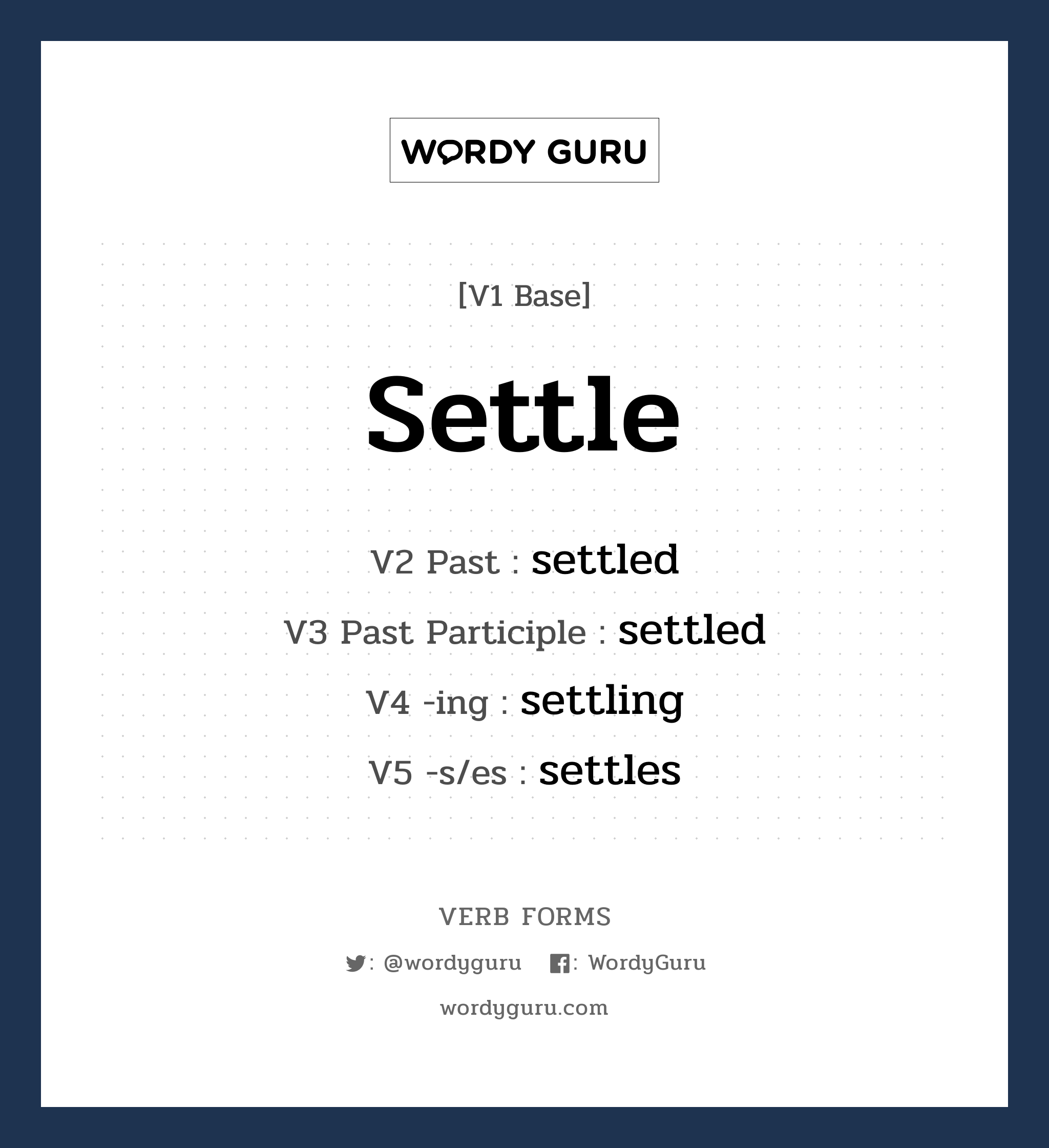 settle คำกริยาคืออะไร, V1 Base settle V2 Past settled V3 Past Participle settled V4 -ing settling V5 -s/es settles หมวด base-form, regular
