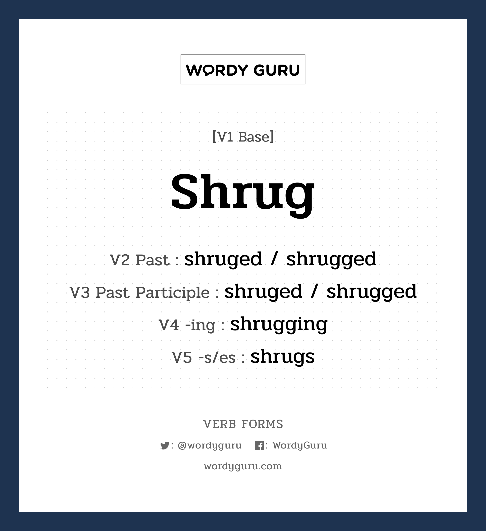 shrug คำกริยาคืออะไร, V1 Base shrug V2 Past shruged / shrugged V3 Past Participle shruged / shrugged V4 -ing shrugging V5 -s/es shrugs หมวด base-form, regular