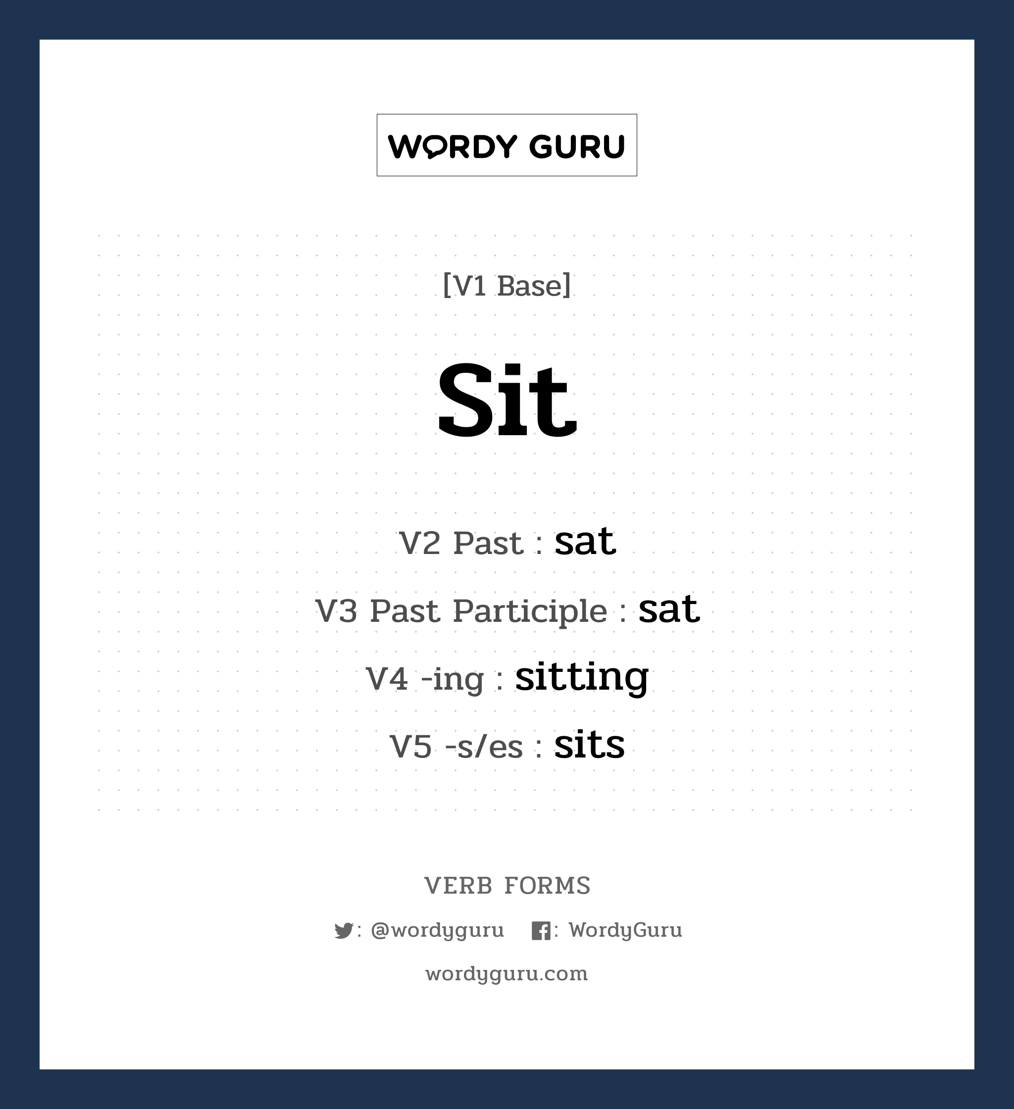 sit คำกริยาคืออะไร, V1 Base sit V2 Past sat V3 Past Participle sat V4 -ing sitting V5 -s/es sits หมวด base-form, irregular