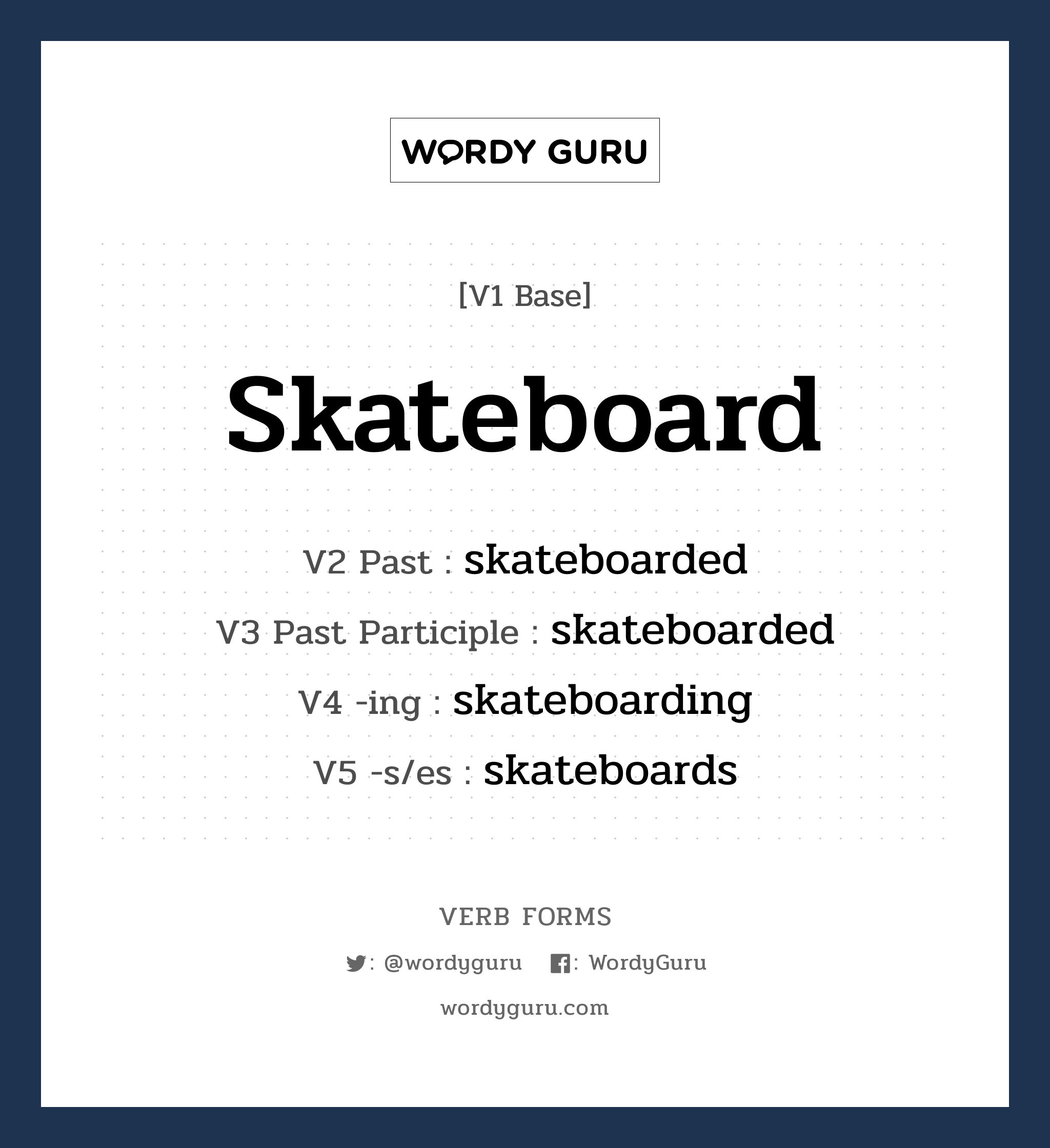 skateboard คำกริยาคืออะไร, V1 Base skateboard V2 Past skateboarded V3 Past Participle skateboarded V4 -ing skateboarding V5 -s/es skateboards หมวด base-form, regular