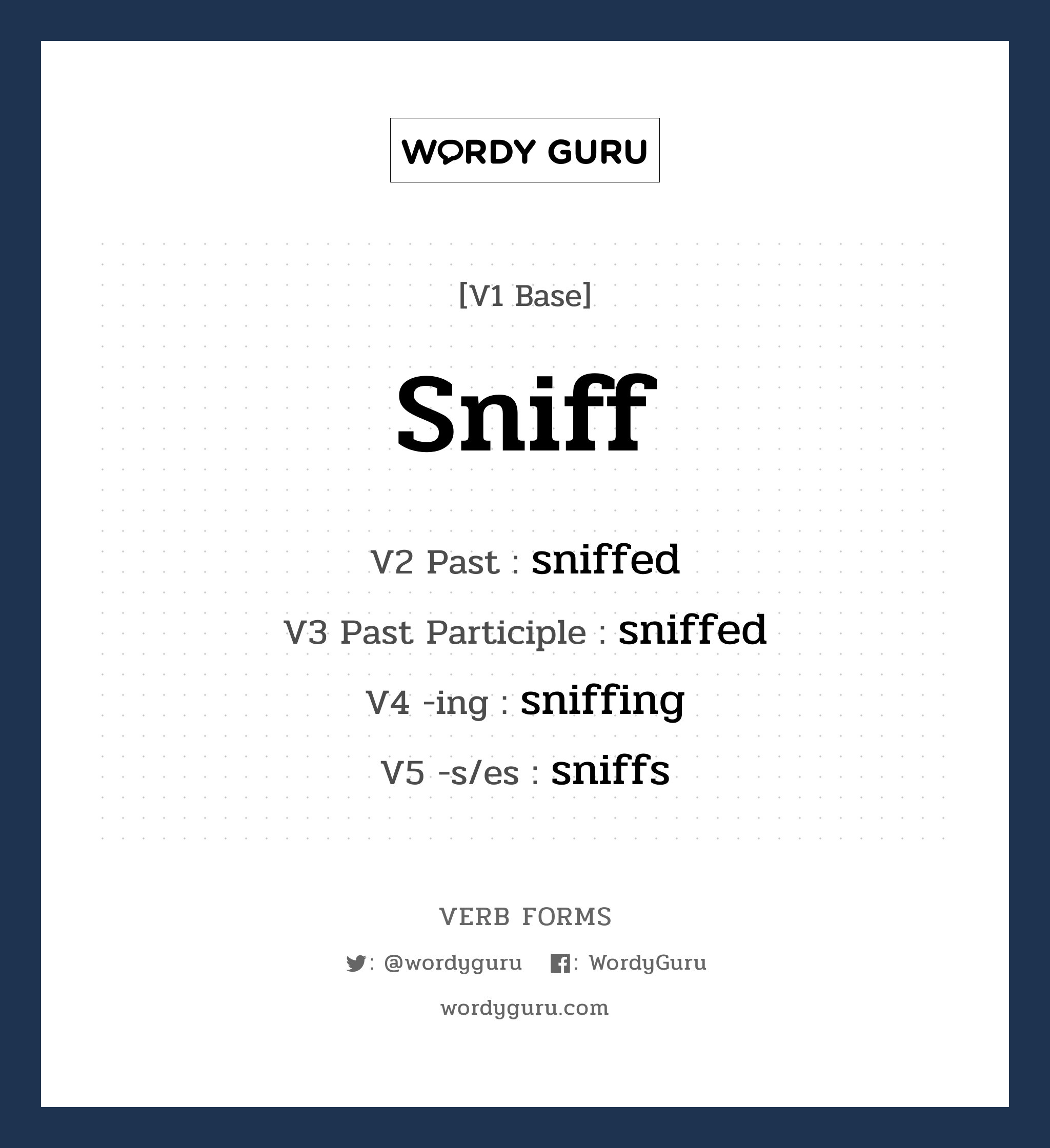 sniff คำกริยาคืออะไร, V1 Base sniff V2 Past sniffed V3 Past Participle sniffed V4 -ing sniffing V5 -s/es sniffs หมวด base-form, regular