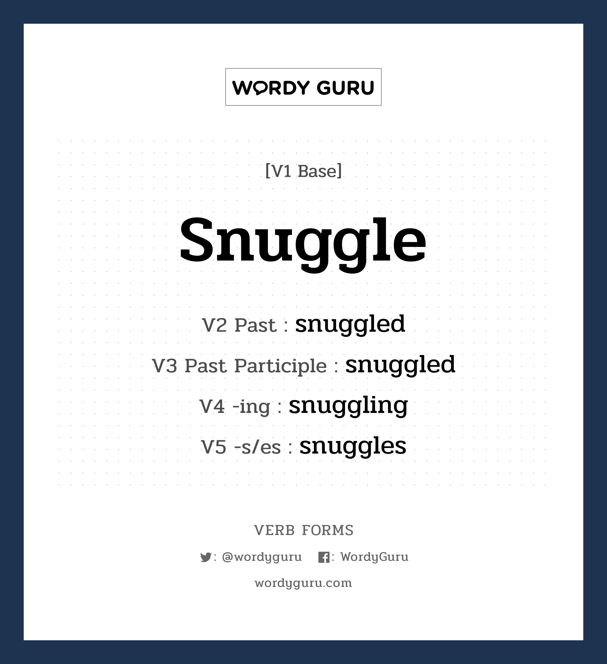 snuggle คำกริยาคืออะไร, V1 Base snuggle V2 Past snuggled V3 Past Participle snuggled V4 -ing snuggling V5 -s/es snuggles หมวด base-form, regular
