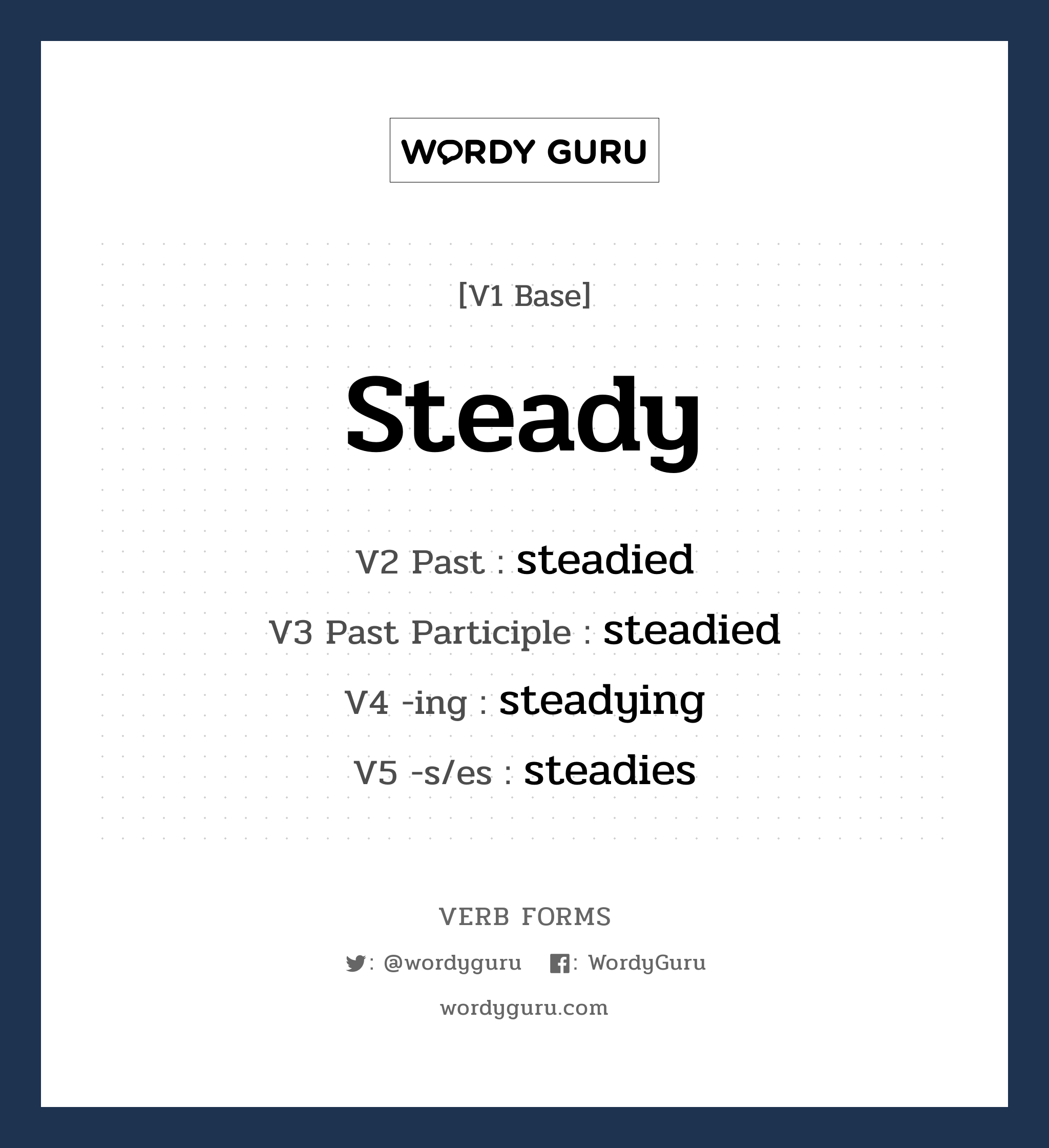 steady คำกริยาคืออะไร, V1 Base steady V2 Past steadied V3 Past Participle steadied V4 -ing steadying V5 -s/es steadies หมวด base-form, regular