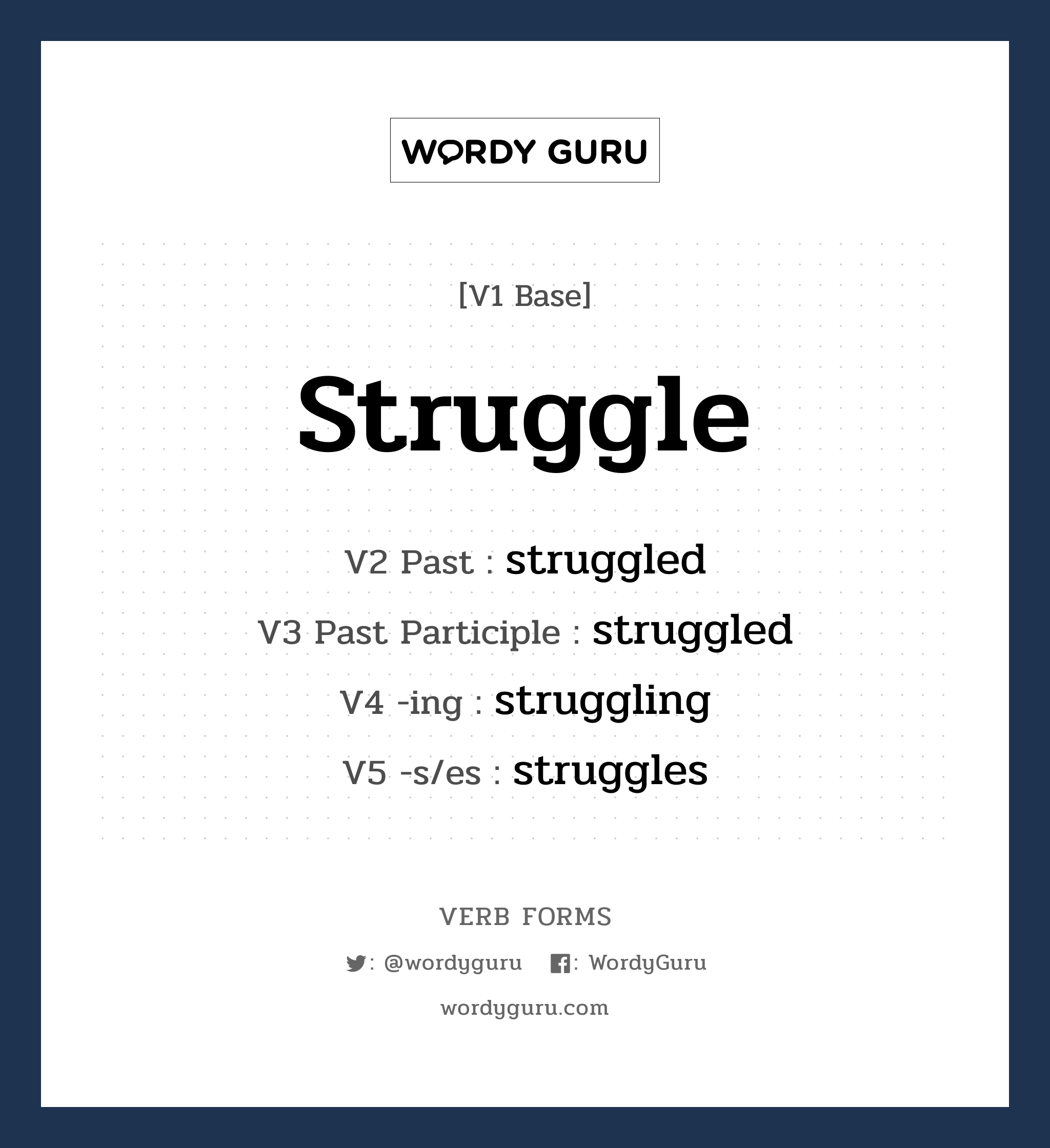 struggle คำกริยาคืออะไร, V1 Base struggle V2 Past struggled V3 Past Participle struggled V4 -ing struggling V5 -s/es struggles หมวด base-form, regular