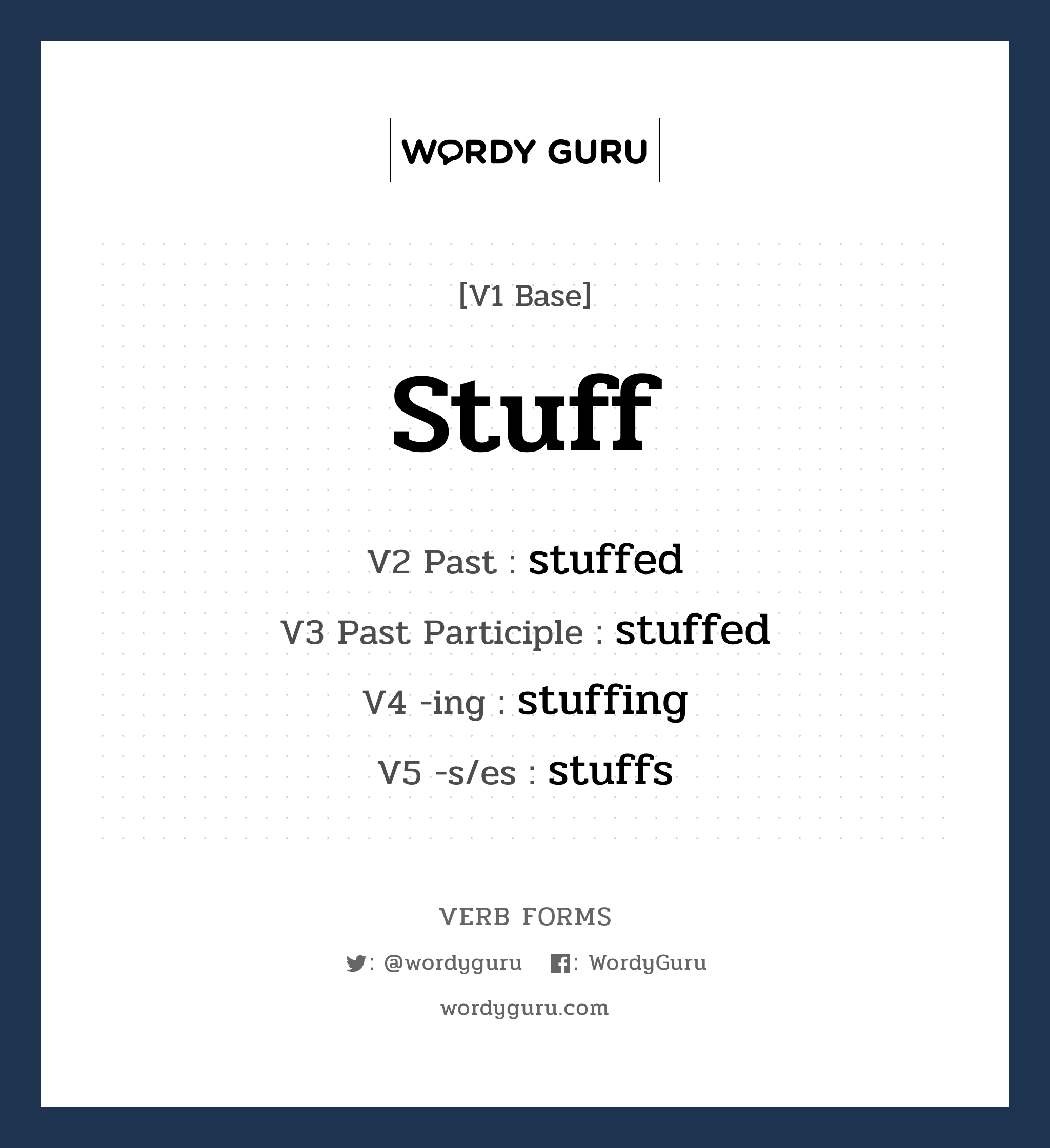 stuff คำกริยาคืออะไร, V1 Base stuff V2 Past stuffed V3 Past Participle stuffed V4 -ing stuffing V5 -s/es stuffs หมวด base-form, regular
