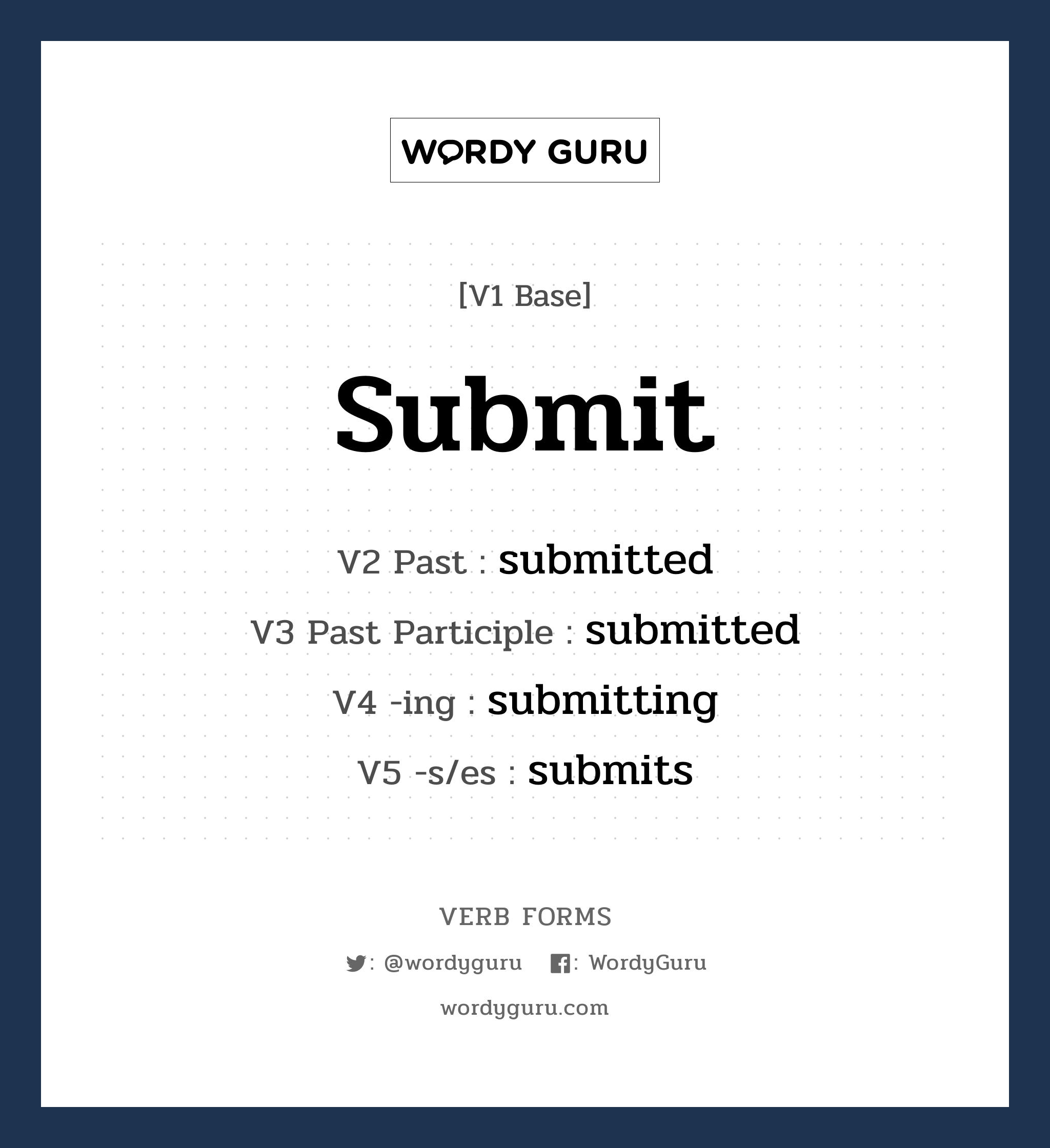 submit คำกริยาคืออะไร, V1 Base submit V2 Past submitted V3 Past Participle submitted V4 -ing submitting V5 -s/es submits หมวด base-form, regular