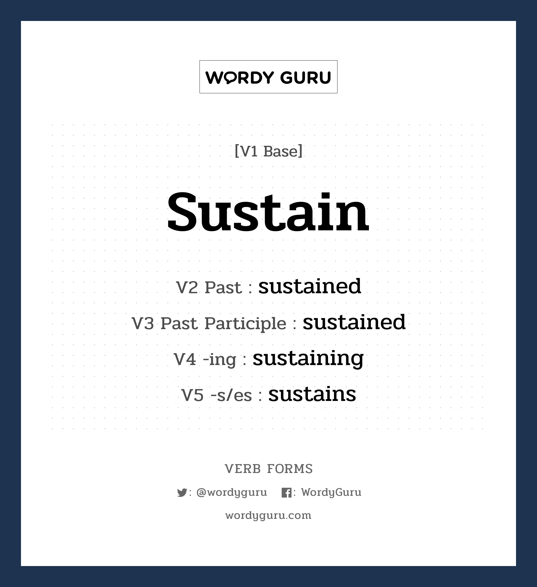 sustain คำกริยาคืออะไร, V1 Base sustain V2 Past sustained V3 Past Participle sustained V4 -ing sustaining V5 -s/es sustains หมวด base-form, regular