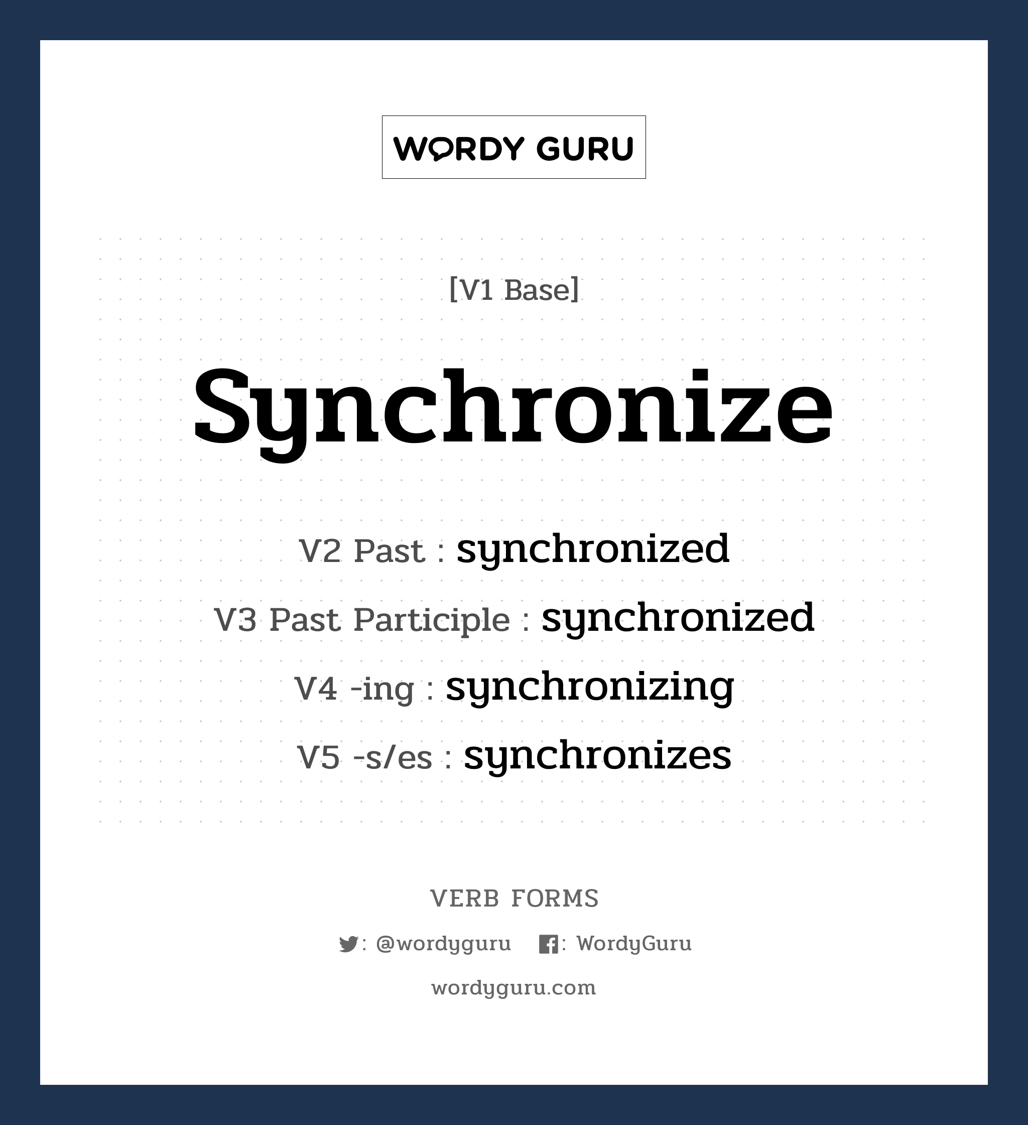 synchronize คำกริยาคืออะไร, V1 Base synchronize V2 Past synchronized V3 Past Participle synchronized V4 -ing synchronizing V5 -s/es synchronizes หมวด base-form, regular