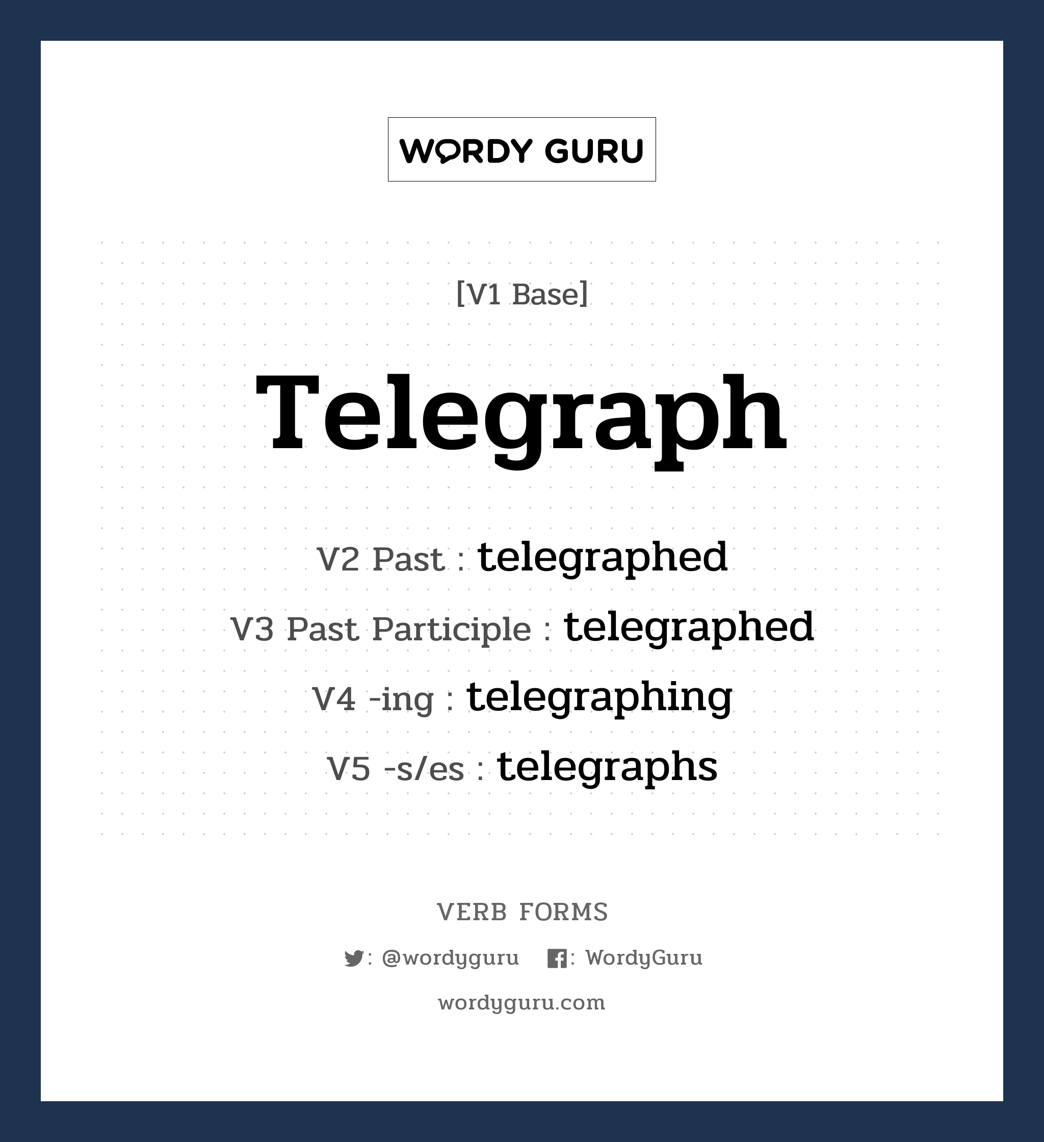 telegraph คำกริยาคืออะไร, V1 Base telegraph V2 Past telegraphed V3 Past Participle telegraphed V4 -ing telegraphing V5 -s/es telegraphs หมวด base-form, regular