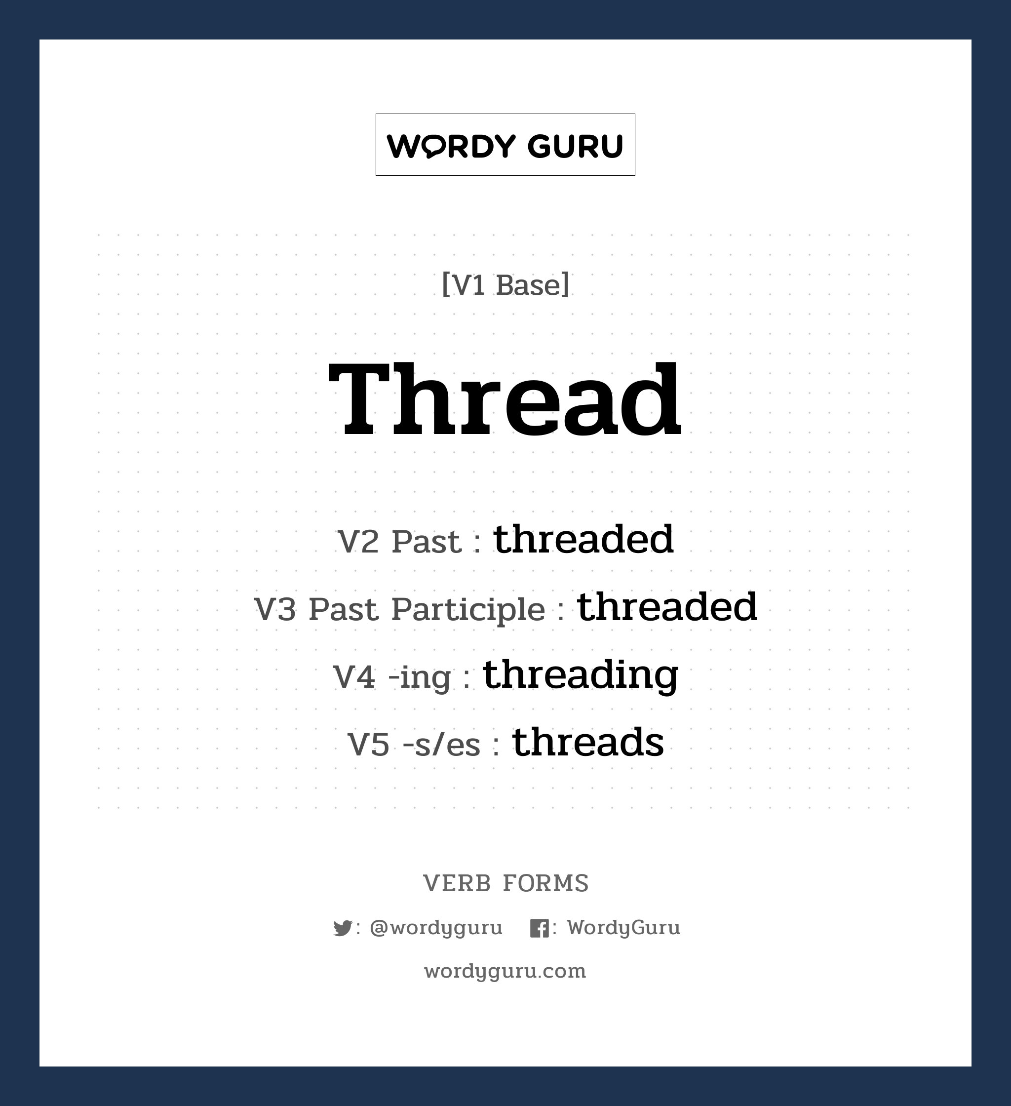 thread คำกริยาคืออะไร, V1 Base thread V2 Past threaded V3 Past Participle threaded V4 -ing threading V5 -s/es threads หมวด base-form, regular