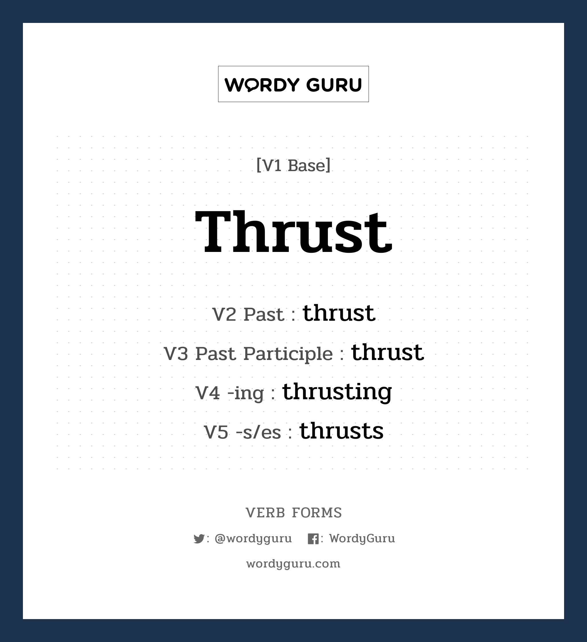 thrust คำกริยาคืออะไร, V1 Base thrust V2 Past thrust V3 Past Participle thrust V4 -ing thrusting V5 -s/es thrusts หมวด base-form, irregular