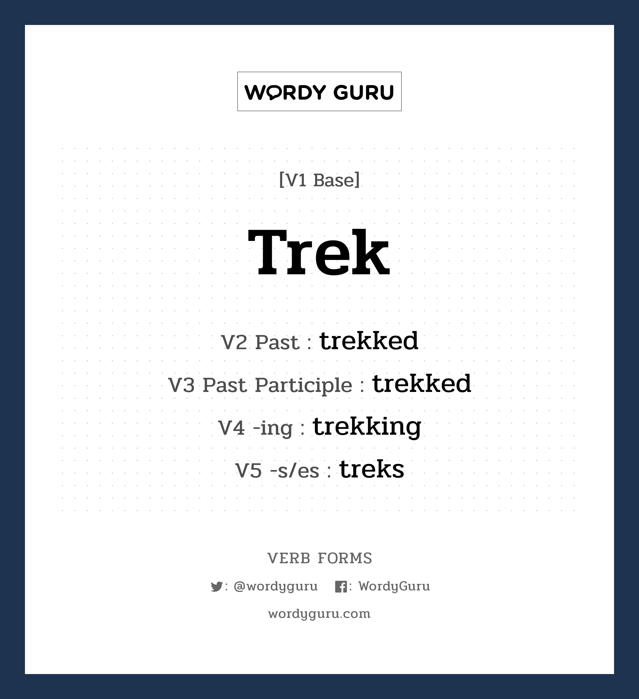 trek คำกริยาคืออะไร, V1 Base trek V2 Past trekked V3 Past Participle trekked V4 -ing trekking V5 -s/es treks หมวด base-form, regular