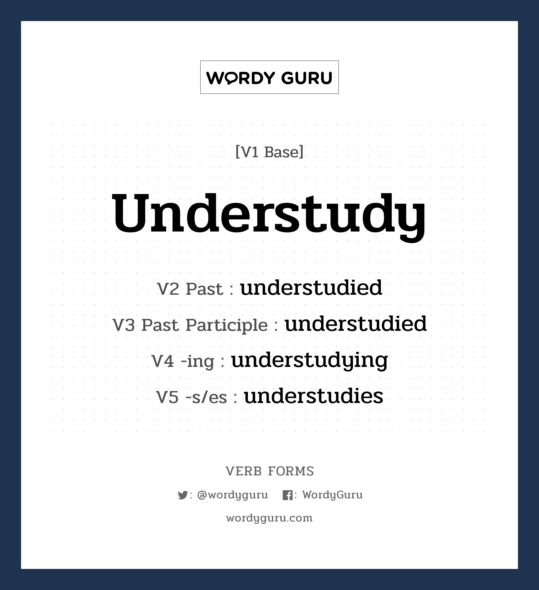 understudy คำกริยาคืออะไร, V1 Base understudy V2 Past understudied V3 Past Participle understudied V4 -ing understudying V5 -s/es understudies หมวด base-form, regular