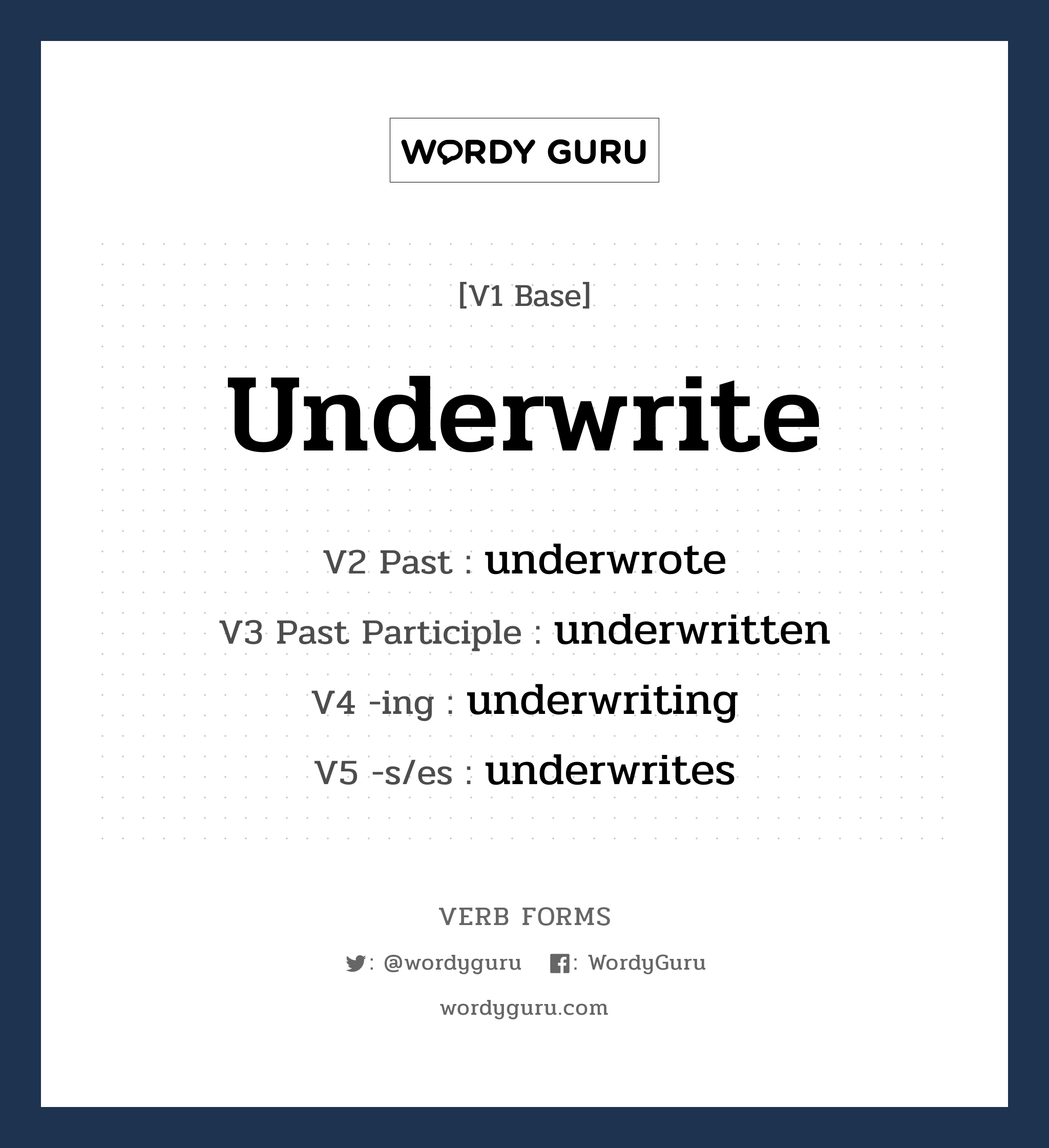 underwrite คำกริยาคืออะไร, V1 Base underwrite V2 Past underwrote V3 Past Participle underwritten V4 -ing underwriting V5 -s/es underwrites หมวด base-form, irregular