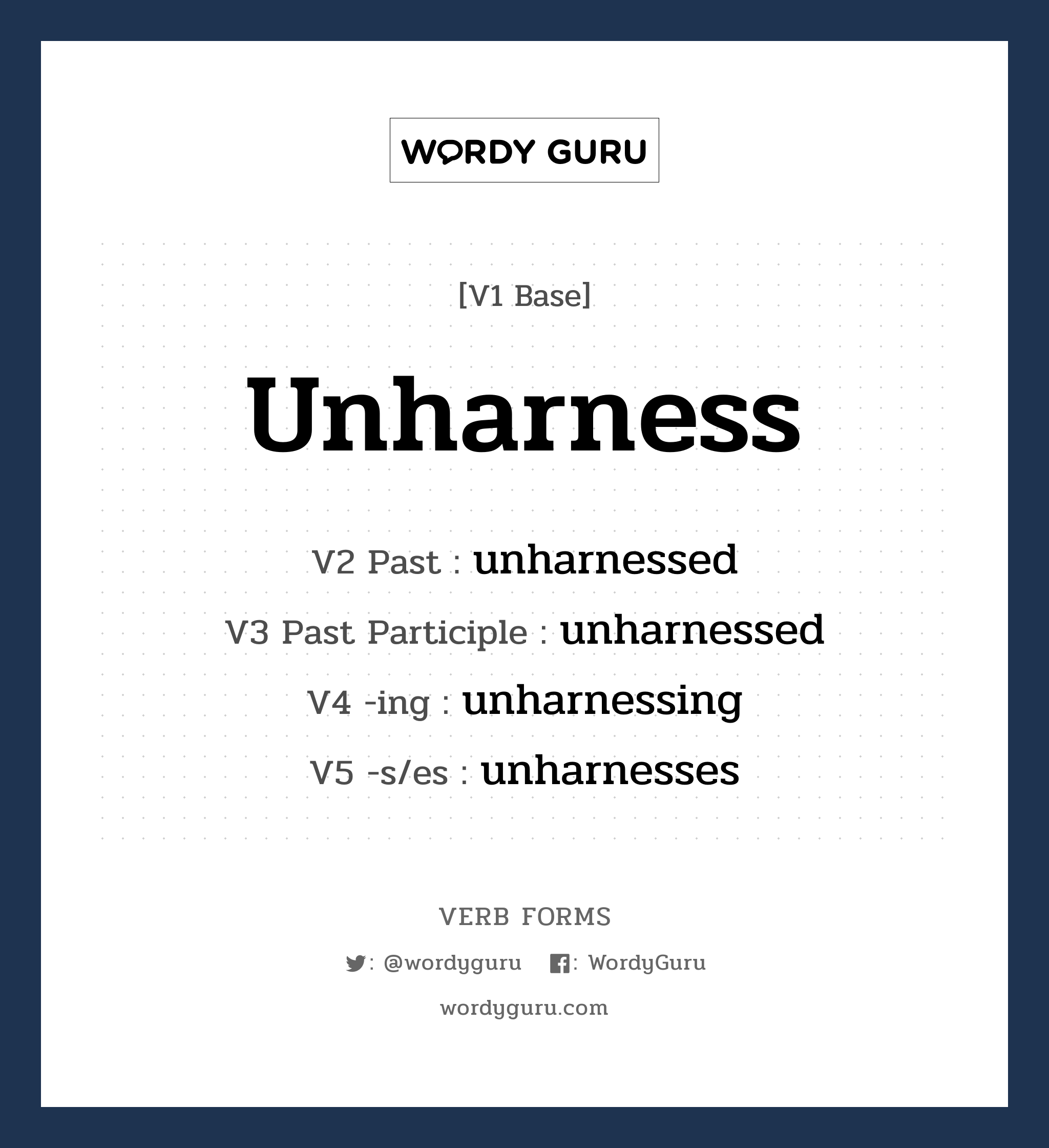 unharness คำกริยาคืออะไร, V1 Base unharness V2 Past unharnessed V3 Past Participle unharnessed V4 -ing unharnessing V5 -s/es unharnesses หมวด base-form, regular