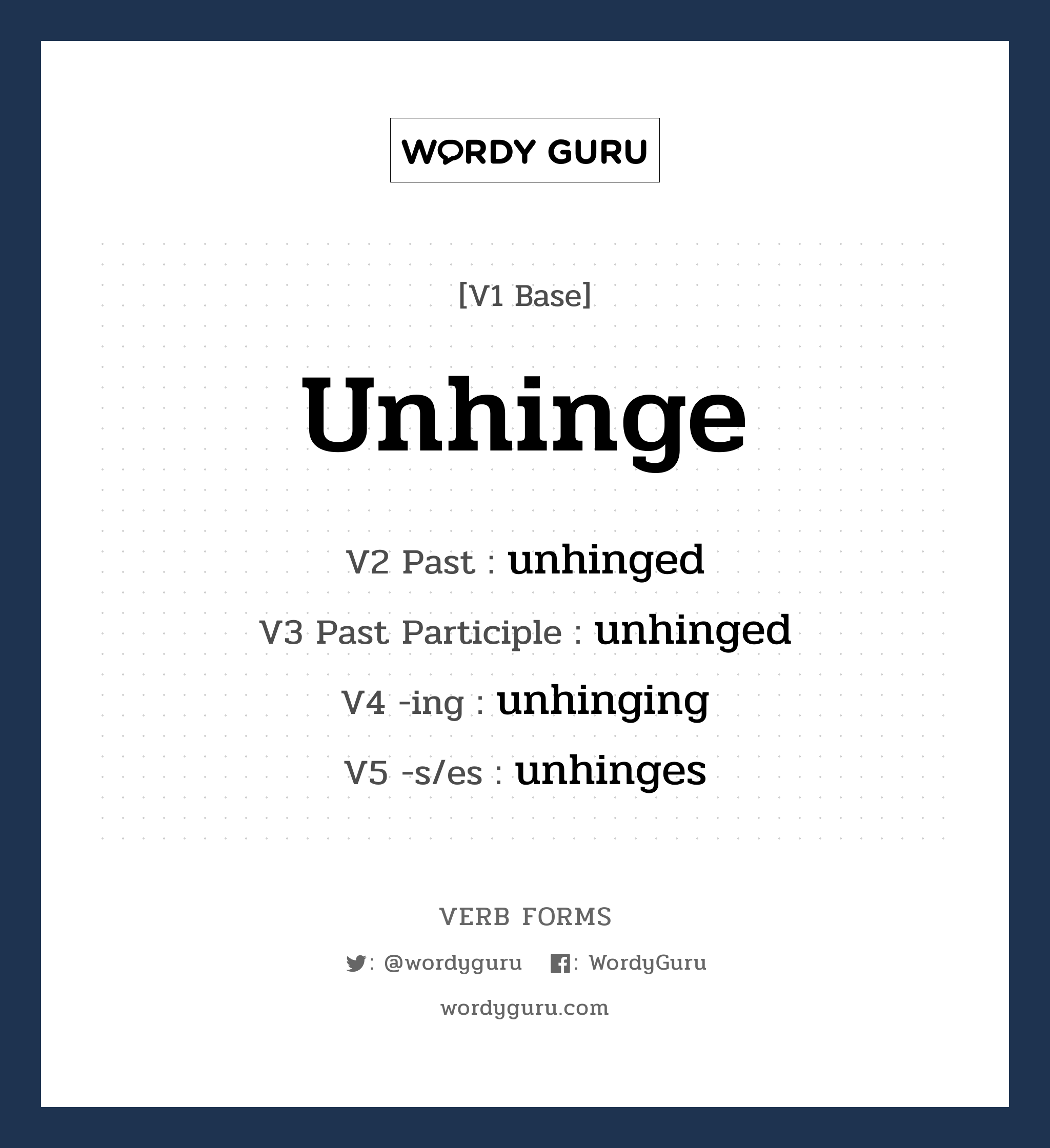 unhinge คำกริยาคืออะไร, V1 Base unhinge V2 Past unhinged V3 Past Participle unhinged V4 -ing unhinging V5 -s/es unhinges หมวด base-form, regular
