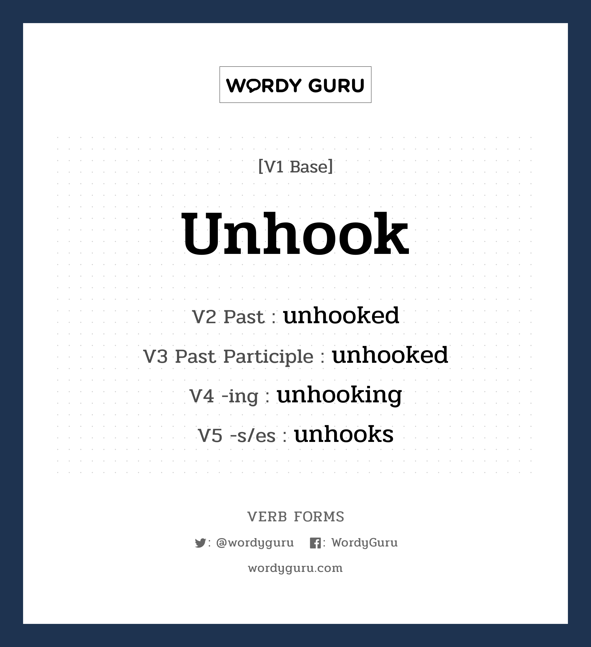 unhook คำกริยาคืออะไร, V1 Base unhook V2 Past unhooked V3 Past Participle unhooked V4 -ing unhooking V5 -s/es unhooks หมวด base-form, regular