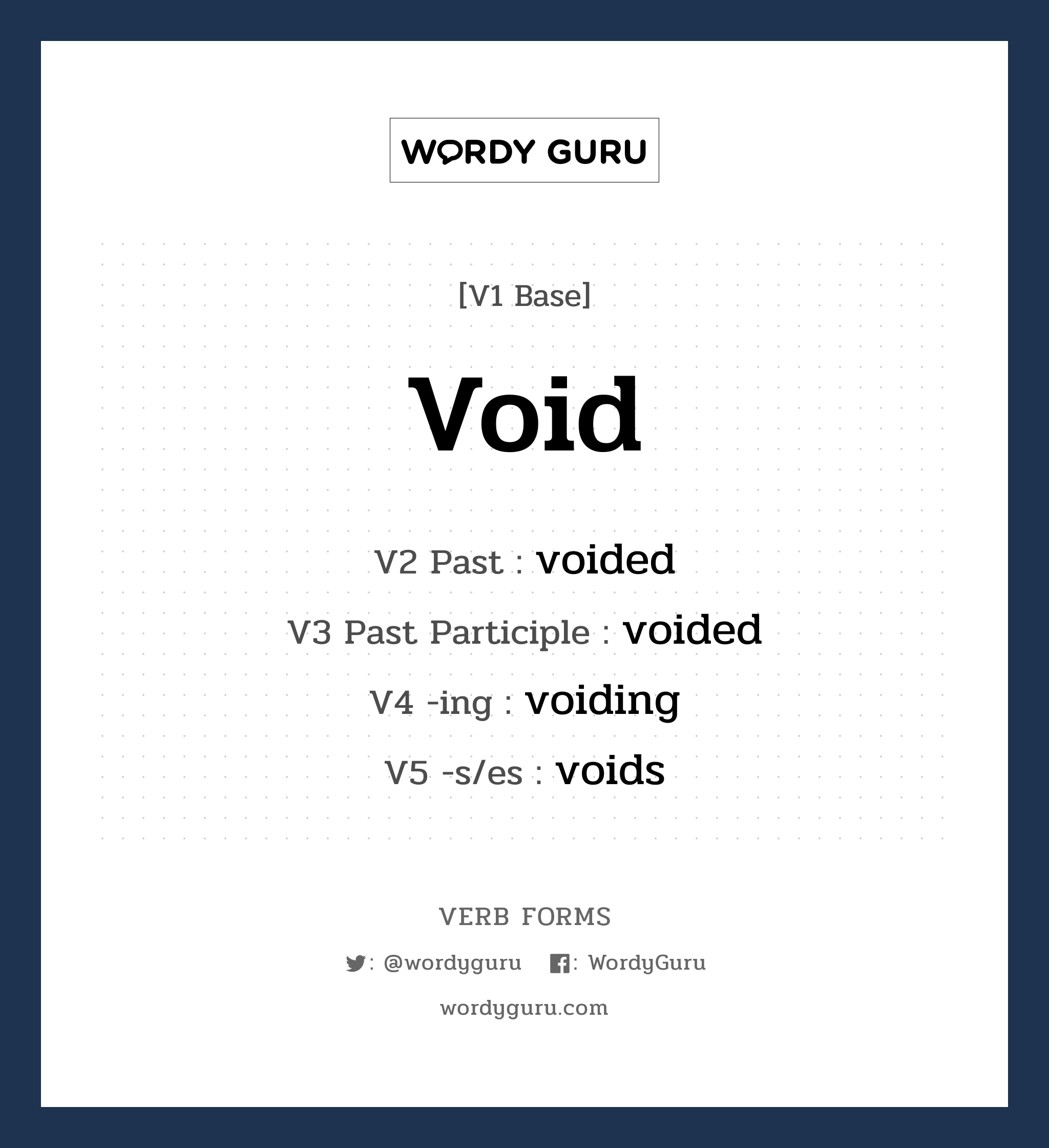 void คำกริยาคืออะไร, V1 Base void V2 Past voided V3 Past Participle voided V4 -ing voiding V5 -s/es voids หมวด base-form, regular