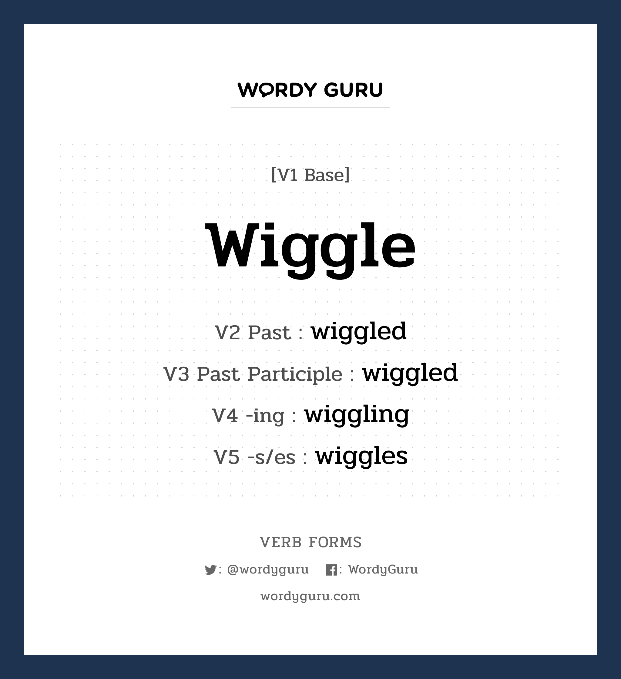 wiggle คำกริยาคืออะไร, V1 Base wiggle V2 Past wiggled V3 Past Participle wiggled V4 -ing wiggling V5 -s/es wiggles หมวด base-form, regular
