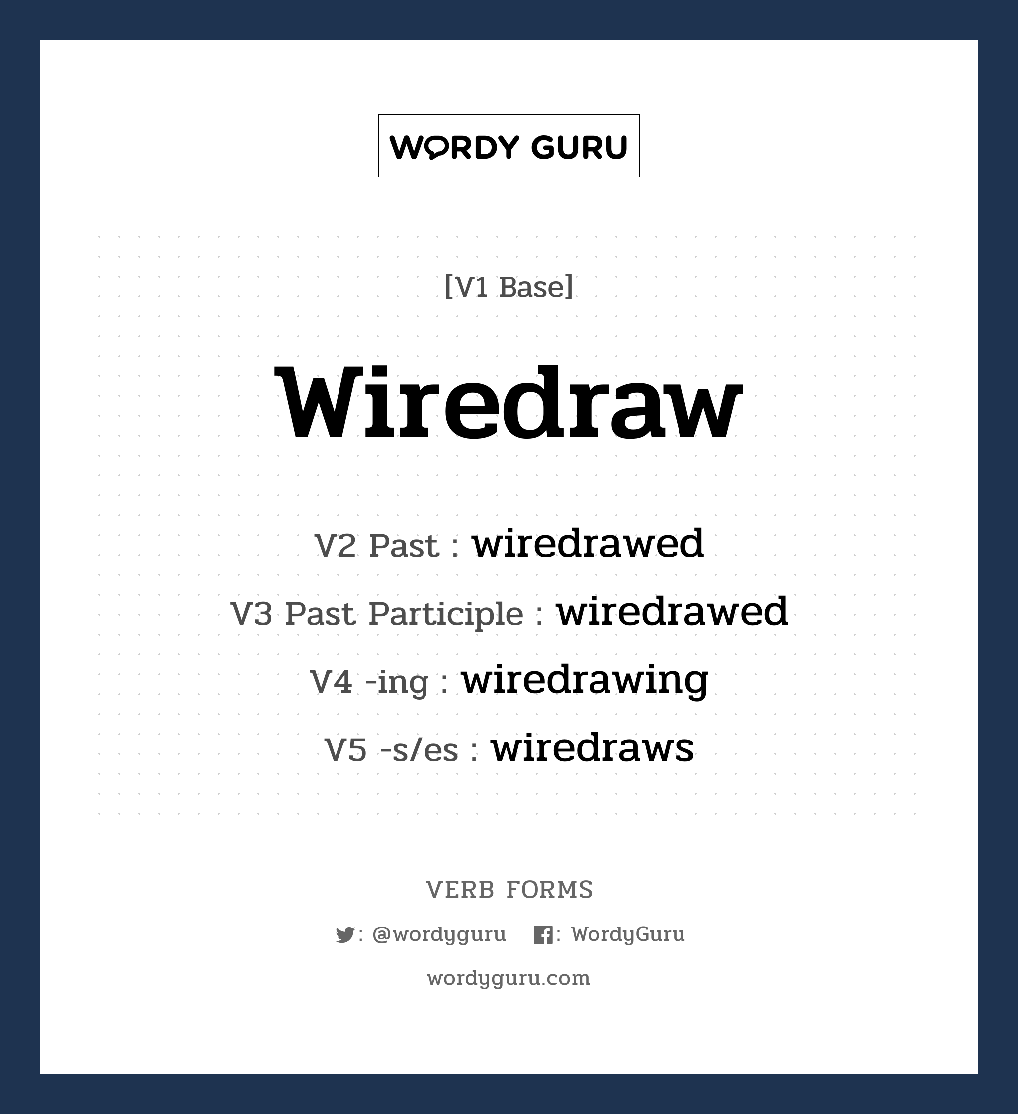 wiredraw คำกริยาคืออะไร, V1 Base wiredraw V2 Past wiredrawed V3 Past Participle wiredrawed V4 -ing wiredrawing V5 -s/es wiredraws หมวด base-form, regular