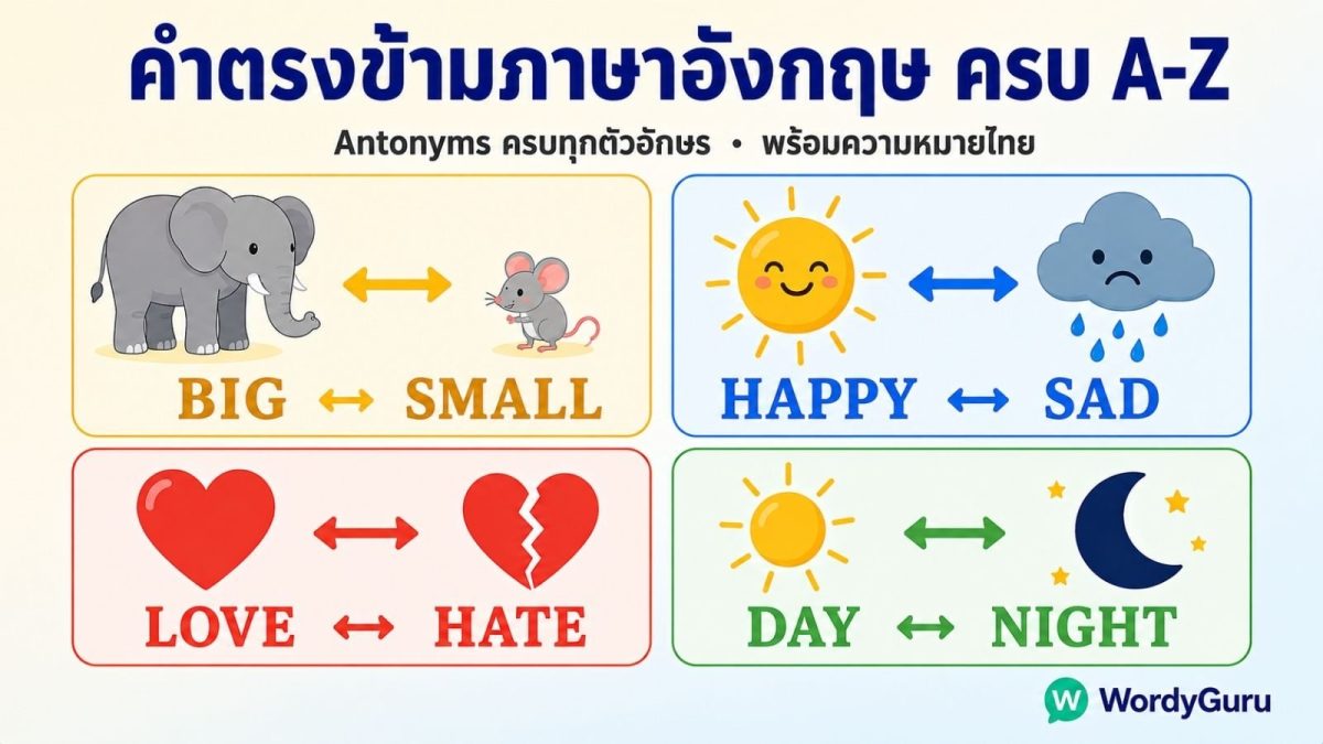 คลังคำตรงข้ามภาษาอังกฤษ Antonyms 250 คู่ พร้อมความหมายไทย จัดหมวด 9 ประเภท Worksheet 5 ระดับ พร้อมเฉลย เหมาะสำหรับนักเรียนและผู้เตรียมสอบ TOEFL IELTS SAT