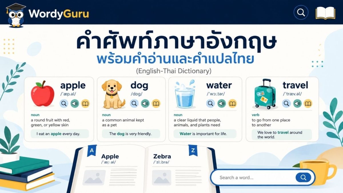 ภาพปกหน้าหลักพจนานุกรมอังกฤษไทย คำศัพท์ภาษาอังกฤษพร้อมคำอ่านและคำแปลไทย สไตล์ดิกชันนารี สไตล์ WordyGuru