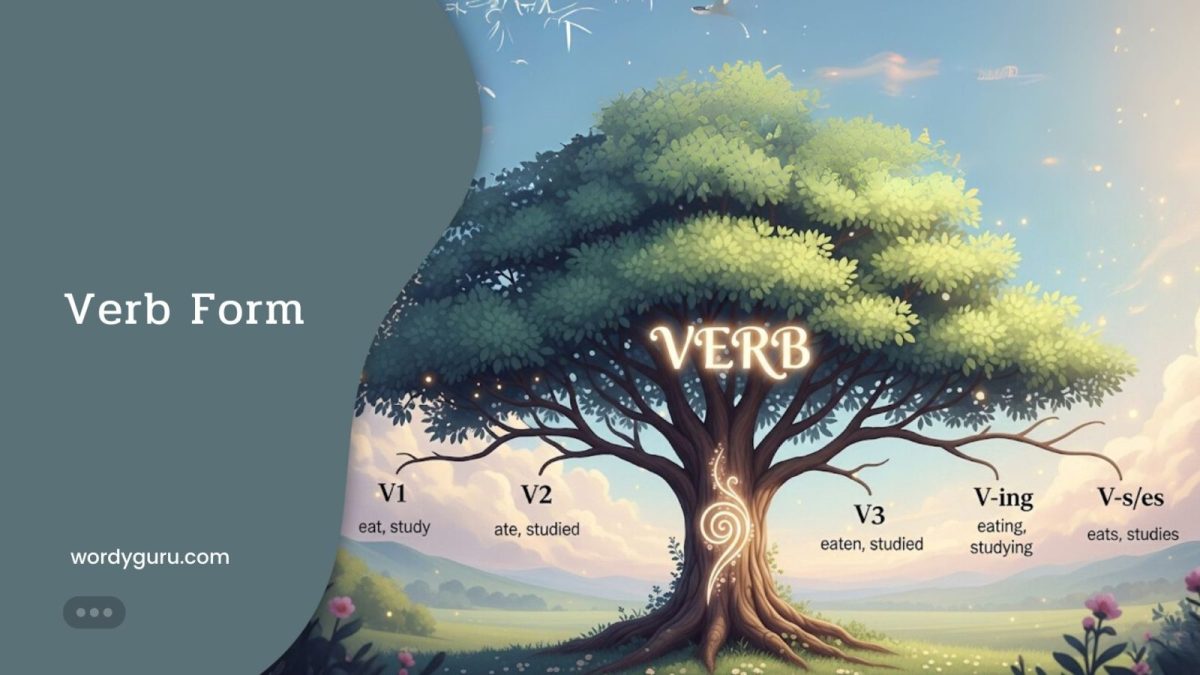 อินโฟกราฟิกอธิบายว่า Verb Form คืออะไร แสดงการแตกแขนงของคำกริยาออกเป็น 5 รูปแบบพื้นฐานในไวยากรณ์ภาษาอังกฤษ
