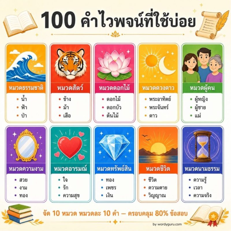 แผนภาพ 100 คำไวพจน์ที่ใช้บ่อยจัดเป็น 10 หมวดเรียงตามความถี่ออกข้อสอบ เตรียม O-NET TCAS