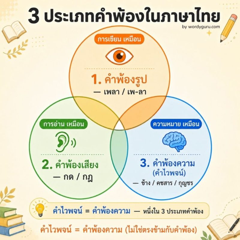 แผนภาพเปรียบเทียบ 3 ประเภทคำพ้อง คำพ้องรูป คำพ้องเสียง คำไวพจน์ พร้อมตัวอย่าง