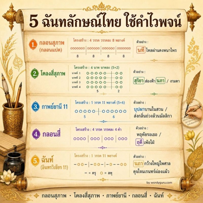 แผนผัง 5 ฉันทลักษณ์ไทย โคลงสี่สุภาพ กาพย์ยานี กลอนสุภาพ กลอนสี่ ฉันท์ พร้อมตัวอย่าง