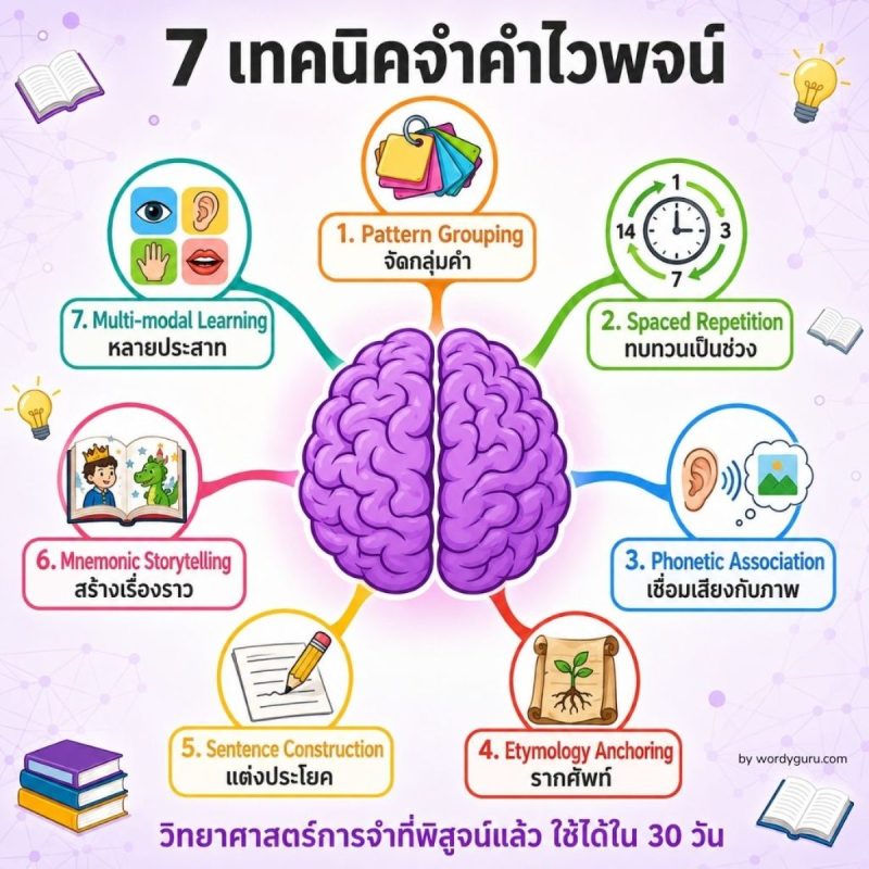 แผนภาพสมอง 7 เทคนิคจำคำไวพจน์ Pattern Grouping Spaced Repetition Multi-modal Learning