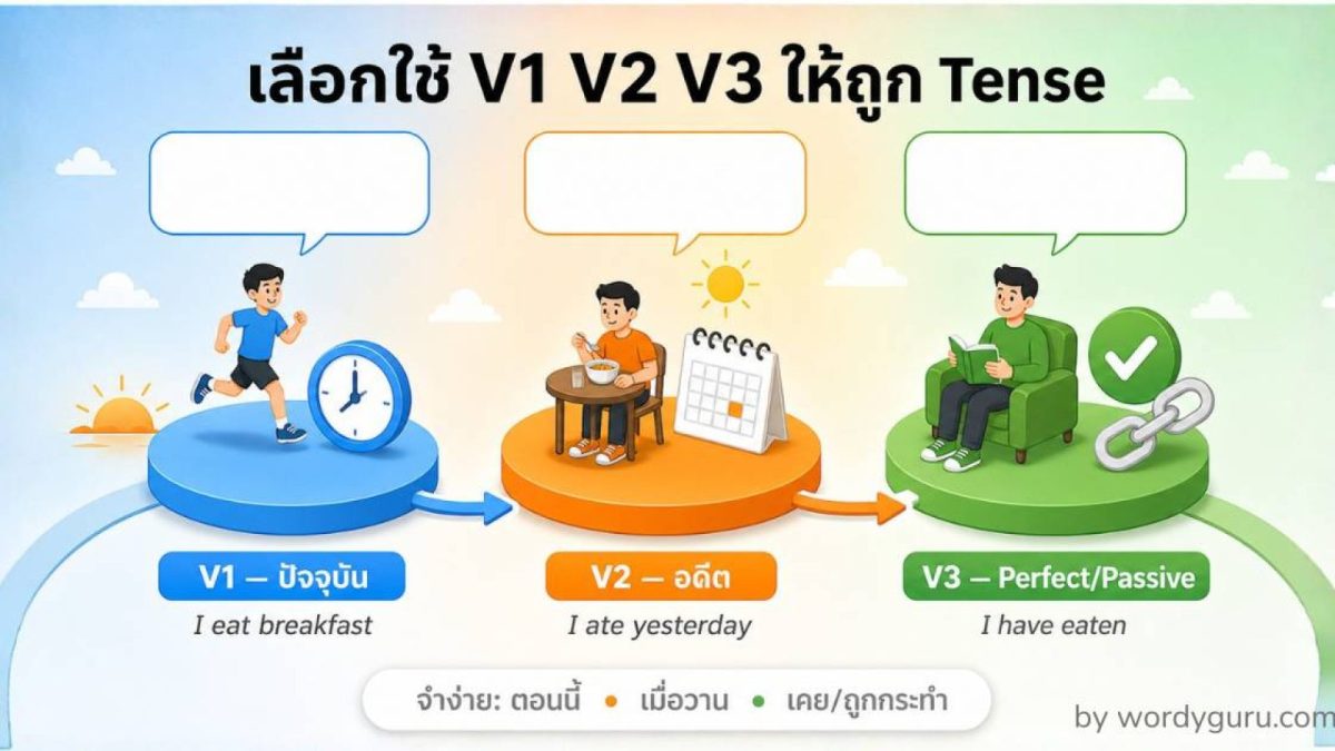 แผนภูมิเวลา V1 V2 V3 แสดงการใช้กริยา 3 ช่องตามกาลปัจจุบัน อดีต และ Past Participle