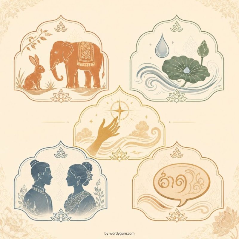 แผนภาพ 5 กลุ่มความหมายของคำพังเพยไทย กลุ่มสัตว์ ธรรมชาติ การกระทำ คน-สังคม และการสื่อสาร