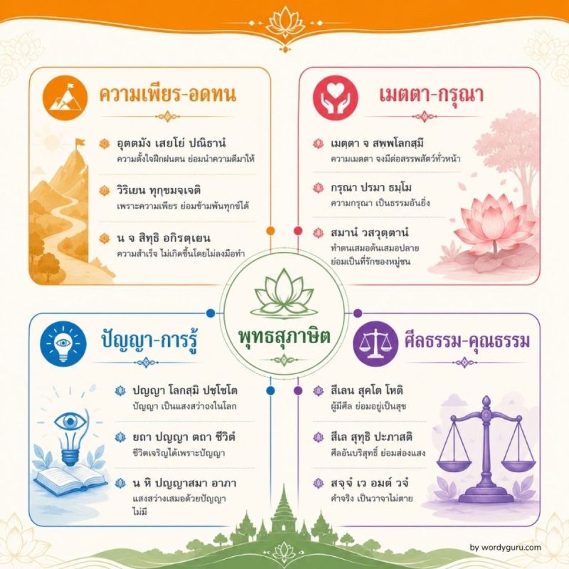 แผนภาพรวมพุทธสุภาษิต 4 หมวดหลักจากธรรมบทและพระไตรปิฎก ความเพียร-อดทน เมตตา-กรุณา ปัญญา-การรู้ และศีลธรรม-คุณธรรม พร้อมตัวอย่างบาลีต้นฉบับ