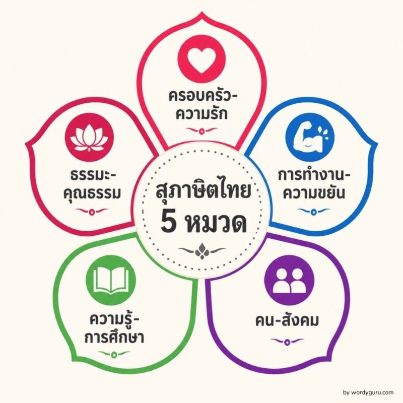 แผนภาพ 5 หมวดสาระสำคัญของสุภาษิตไทย ครอบครัว-ความรัก การทำงาน-ความขยัน คน-สังคม ความรู้-การศึกษา และธรรมะ-คุณธรรม