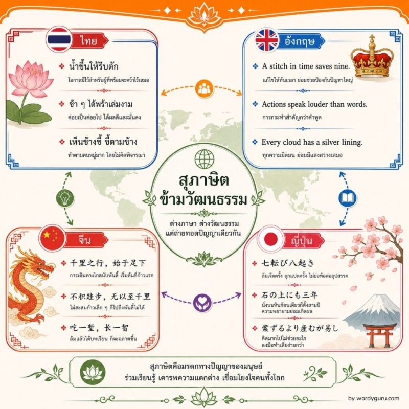 แผนภาพเปรียบเทียบสุภาษิตจาก 4 วัฒนธรรม ไทย อังกฤษ จีน และญี่ปุ่น พร้อมตัวอย่างสุภาษิตที่มีความหมายคล้ายกันข้ามวัฒนธรรม