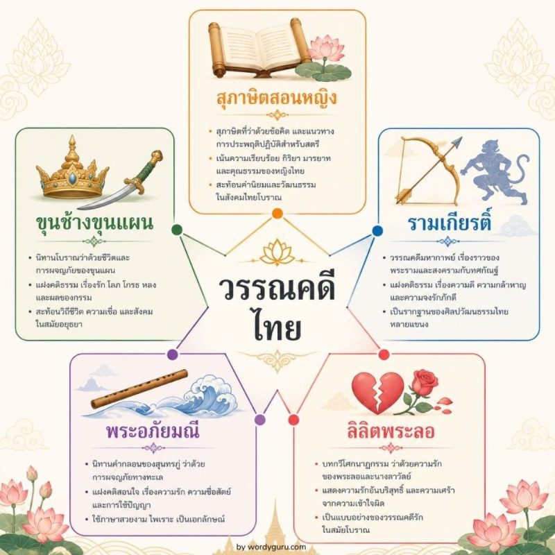 แผนภาพรวมสุภาษิตในวรรณคดีไทยคลาสสิก 5 เรื่อง สุนทรภู่ ขุนช้างขุนแผน รามเกียรติ์ พระอภัยมณี และลิลิตพระลอ พร้อมตัวอย่างคำคมจากแต่ละเรื่อง