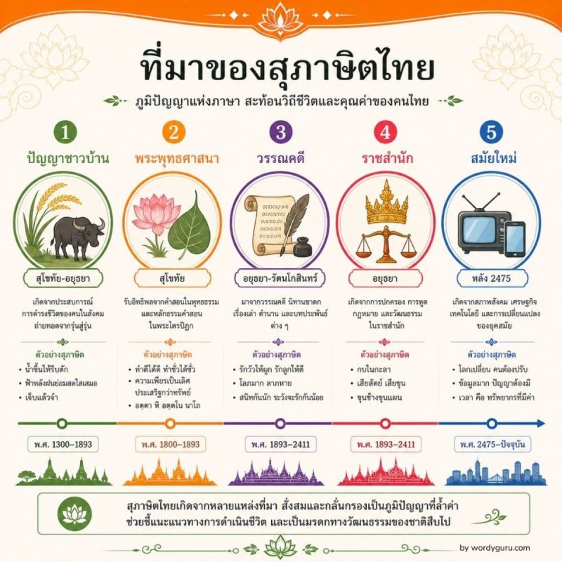 แผนภาพ 5 แหล่งที่มาของสุภาษิตไทย ปัญญาชาวบ้าน พระพุทธศาสนา วรรณคดี ราชสำนัก และสมัยใหม่ พร้อมตัวอย่างและช่วงเวลาทางประวัติศาสตร์