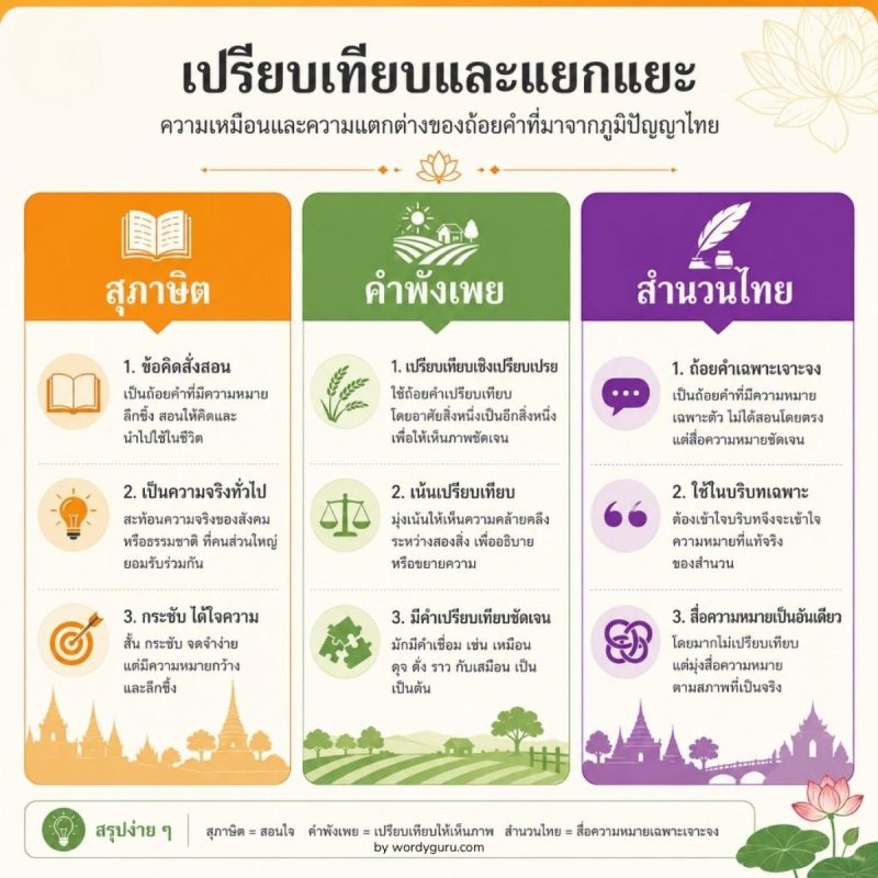 แผนภาพเปรียบเทียบสุภาษิต คำพังเพย และสำนวนไทย — 3 ประเภทภาษาเชิงสำนวน พร้อมลักษณะ ที่มา และตัวอย่างการใช้ในชีวิตจริง