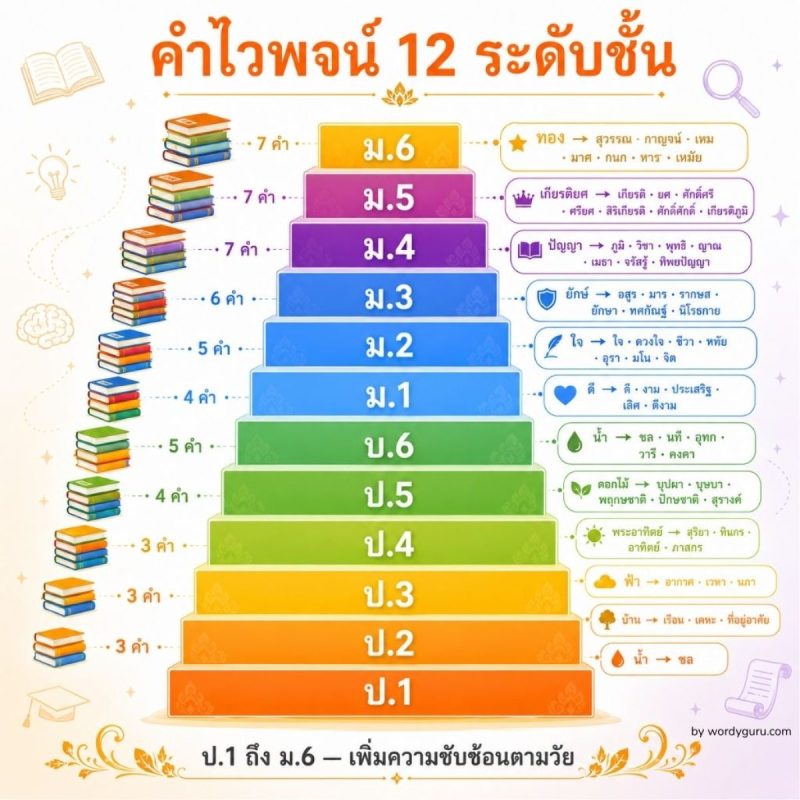 พีรามิด 12 ระดับชั้นแสดงคำไวพจน์ตั้งแต่ ป.1 ถึง ม.6 จากพื้นฐานสู่ระดับวรรณคดี ใช้เตรียมสอบ