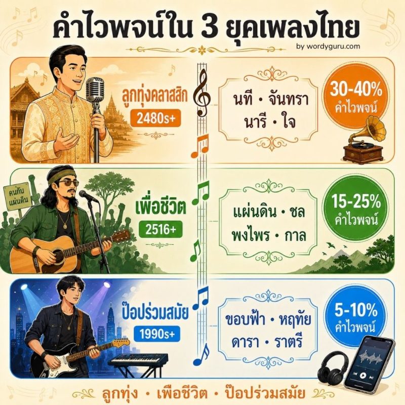 แผนภาพ 3 ยุคเพลงไทยที่ใช้คำไวพจน์ ลูกทุ่ง เพื่อชีวิต ป๊อปร่วมสมัย พร้อมศิลปินดัง