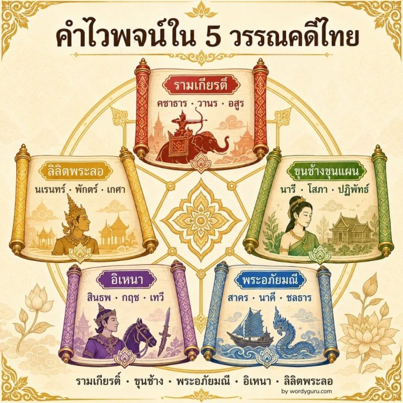 แผนภาพ 5 วรรณคดีไทย รามเกียรติ์ ขุนช้างขุนแผน พระอภัยมณี อิเหนา ลิลิตพระลอ พร้อมคำไวพจน์
