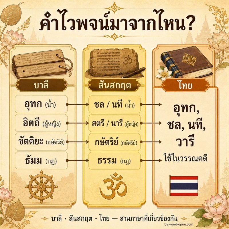 แผนภาพ 3 คอลัมน์เปรียบเทียบรากศัพท์ภาษาบาลี สันสกฤต ที่กลายเป็นคำไวพจน์ในภาษาไทย