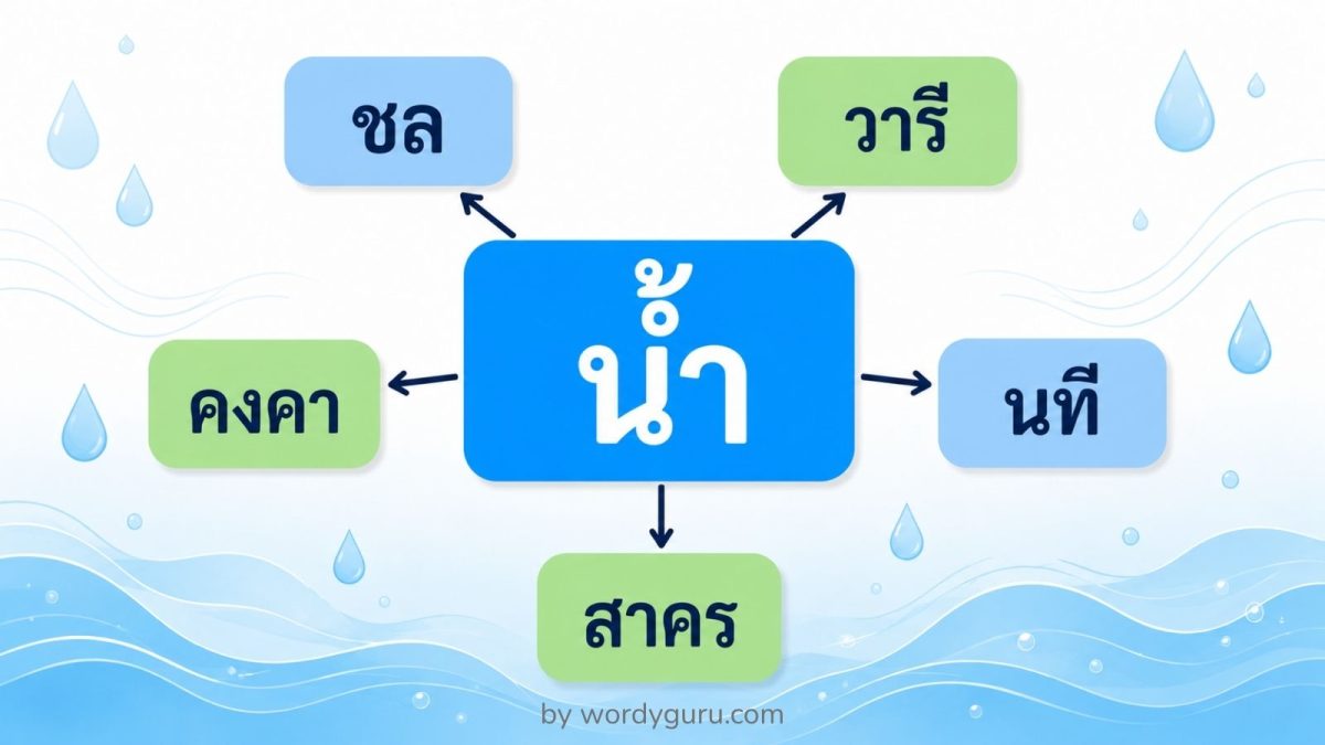 แผนผังคำไวพจน์ของน้ำ แสดงคำพ้องความหมาย 5 คำ คือ ชล วารี คงคา นที และ สาคร