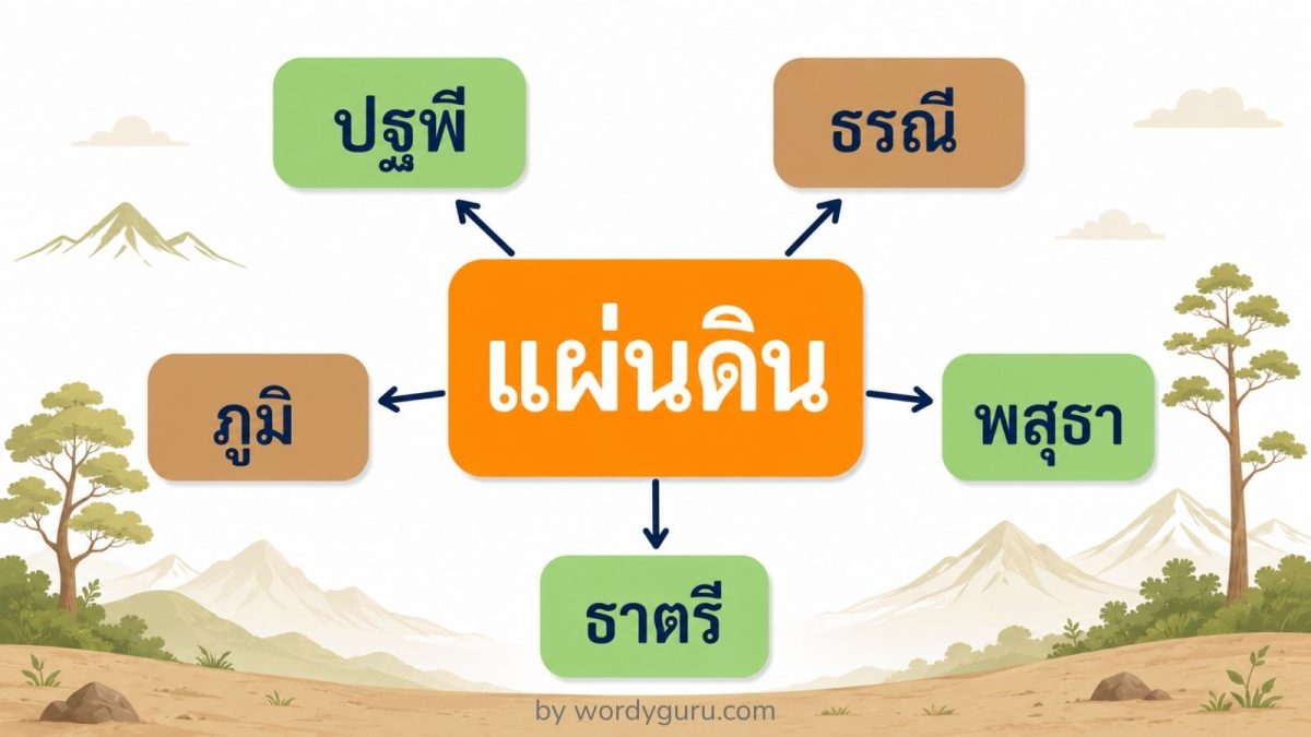 แผนผังคำไวพจน์ของแผ่นดิน แสดงคำพ้องความหมาย 5 คำ คือ ปฐพี ธรณี ภูมิ พสุธา และ ธาตรี