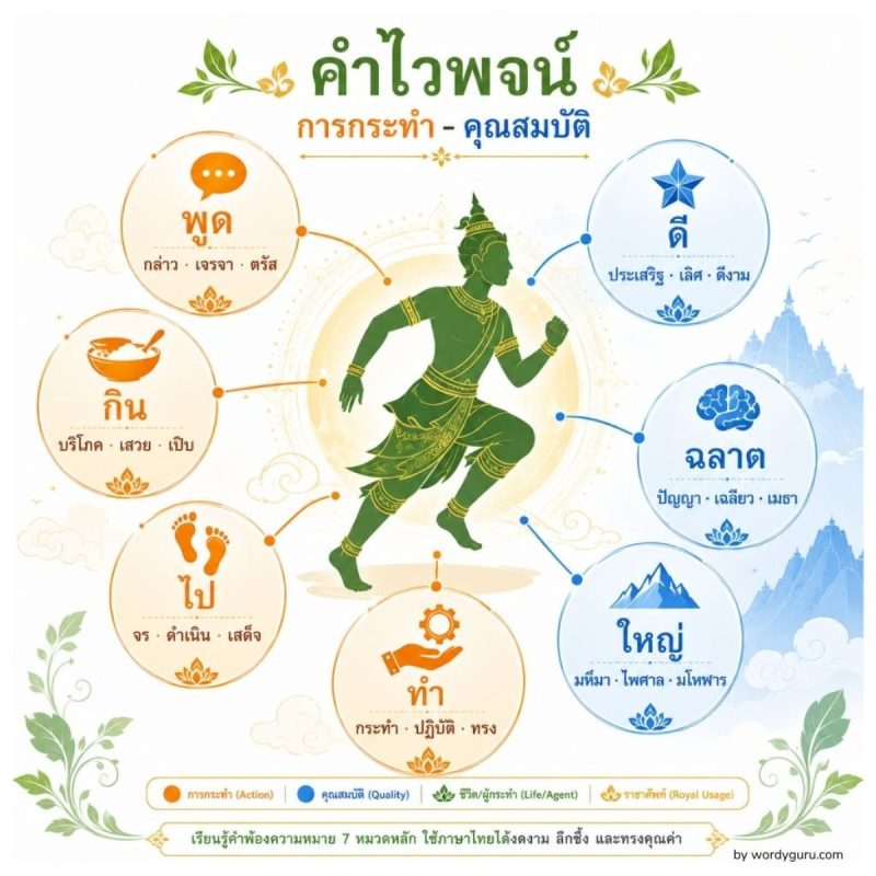 แผนผังคำไวพจน์หมวดการกระทำและคุณสมบัติ แสดงคำพ้องของกริยา พูด กิน ไป ทำ และคุณสมบัติ ดี ฉลาด ใหญ่ ตามที่มาภาษาบาลี-สันสกฤต