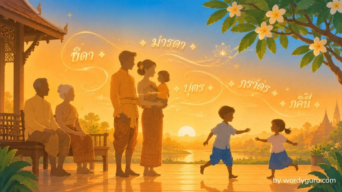 แผนผังคำไวพจน์หมวดครอบครัวและความสัมพันธ์ แสดงคำพ้องของ พ่อ แม่ ลูก พี่น้อง สามี และภรรยา แยกตามแหล่งที่มาภาษาบาลี สันสกฤต และไทย