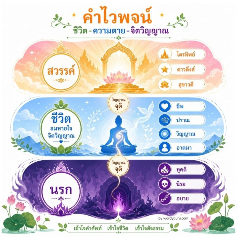 แผนผังคำไวพจน์หมวดชีวิต ความตาย และจิตวิญญาณ แสดงคำพ้องของ ชีวิต ลมหายใจ ตาย สวรรค์ นรก และวิญญาณ ตามที่มาบาลี-สันสกฤต-พระไตรปิฎก