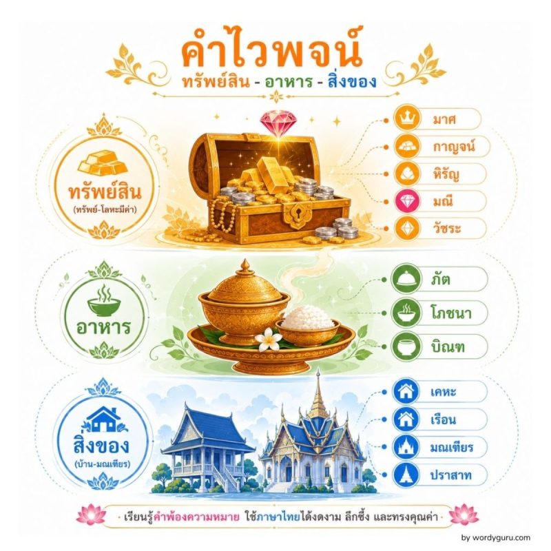 แผนผังคำไวพจน์หมวดทรัพย์สิน อาหาร และสิ่งของ แสดงคำพ้องของ ทอง เงิน เพชร อาหาร ข้าว บ้าน และมณเฑียร ตามที่มาภาษาบาลี-สันสกฤต